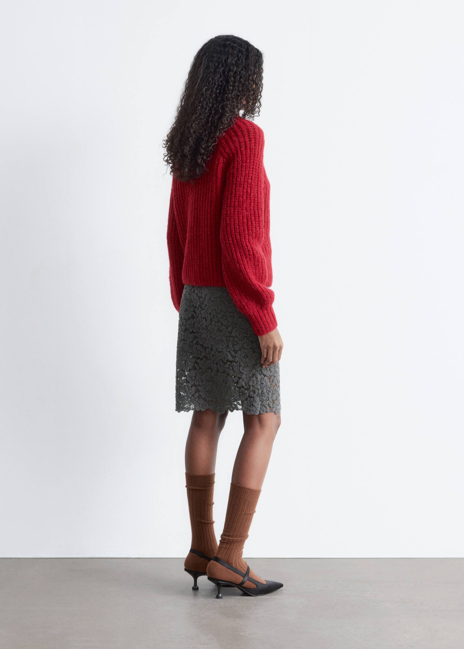 Balloon-Sleeve Cardigan - Red/Cream/Mustard Yellow - 3