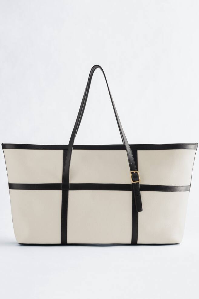 Leather-Trimmed Canvas Tote Bag - White/Black - 1