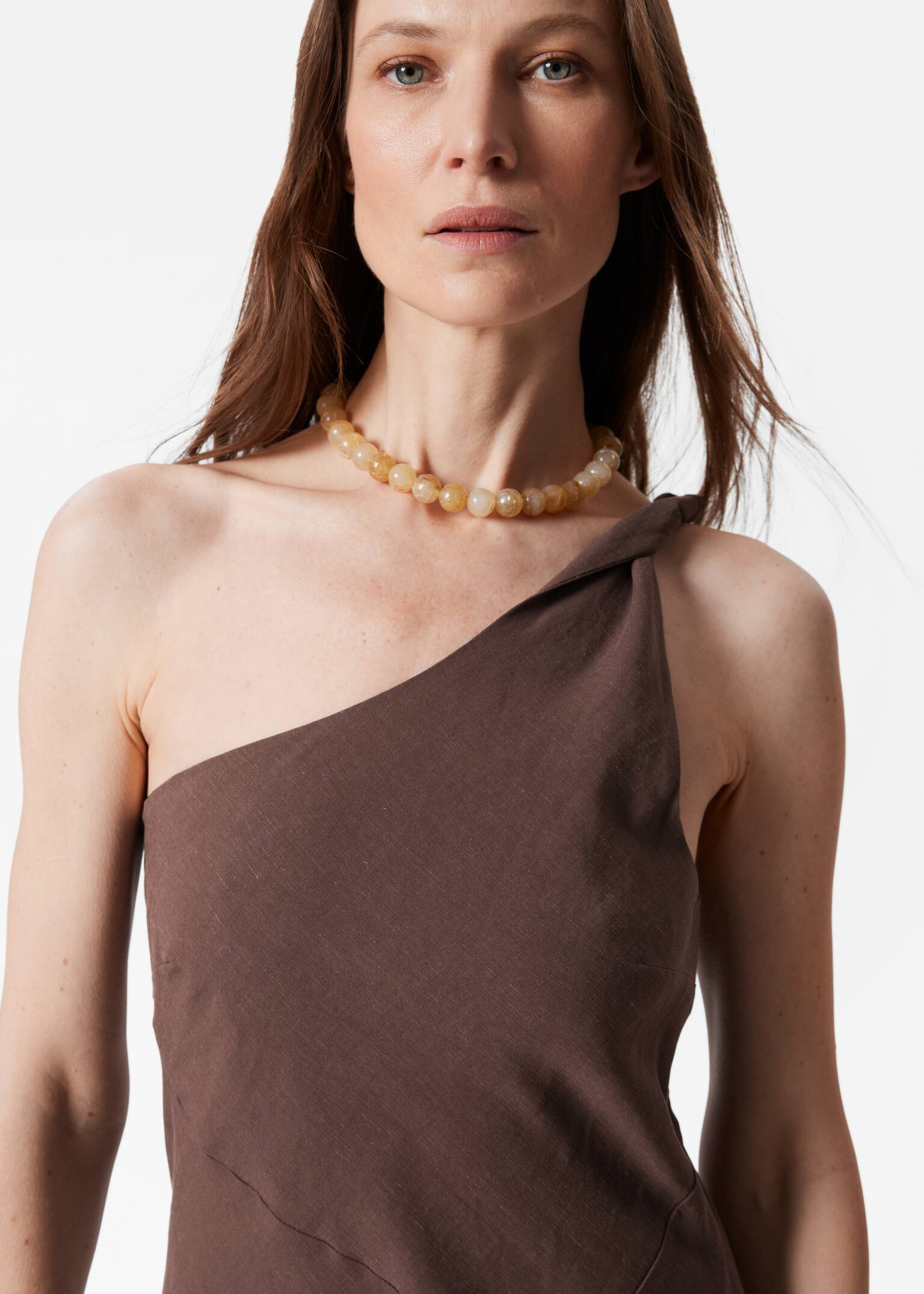 Abito midi monospalla - Marrone scuro/Beige/Giallo pastello - 5