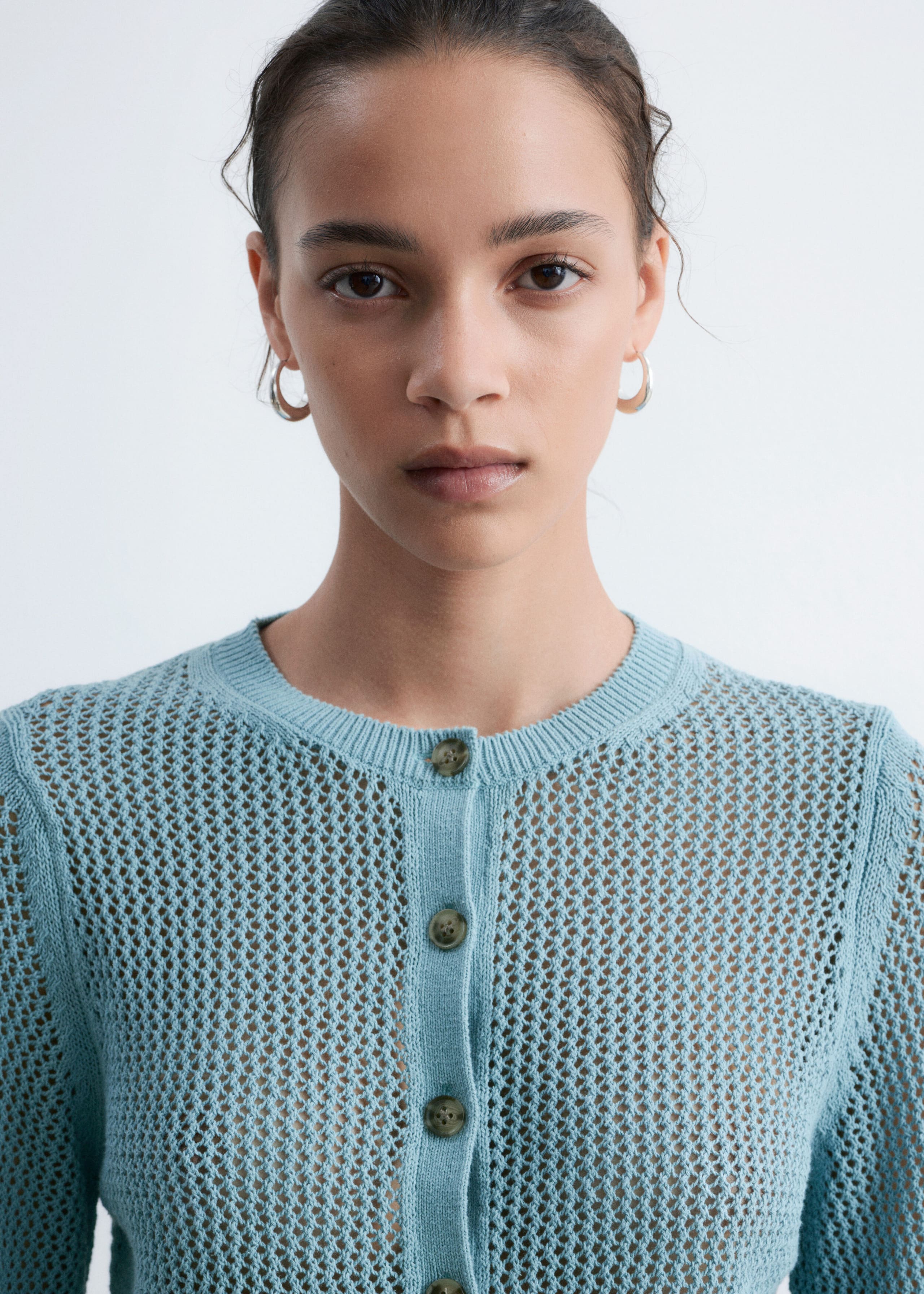 Open-Knit Cotton Cardigan - Turquoise - Lookbook