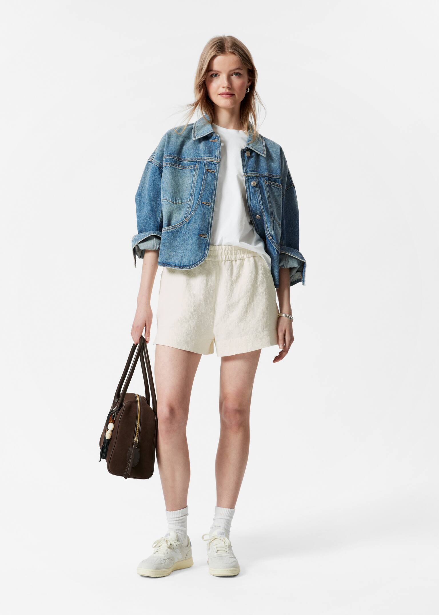 Jacquard short met elastische taille - Cream/Light Blue