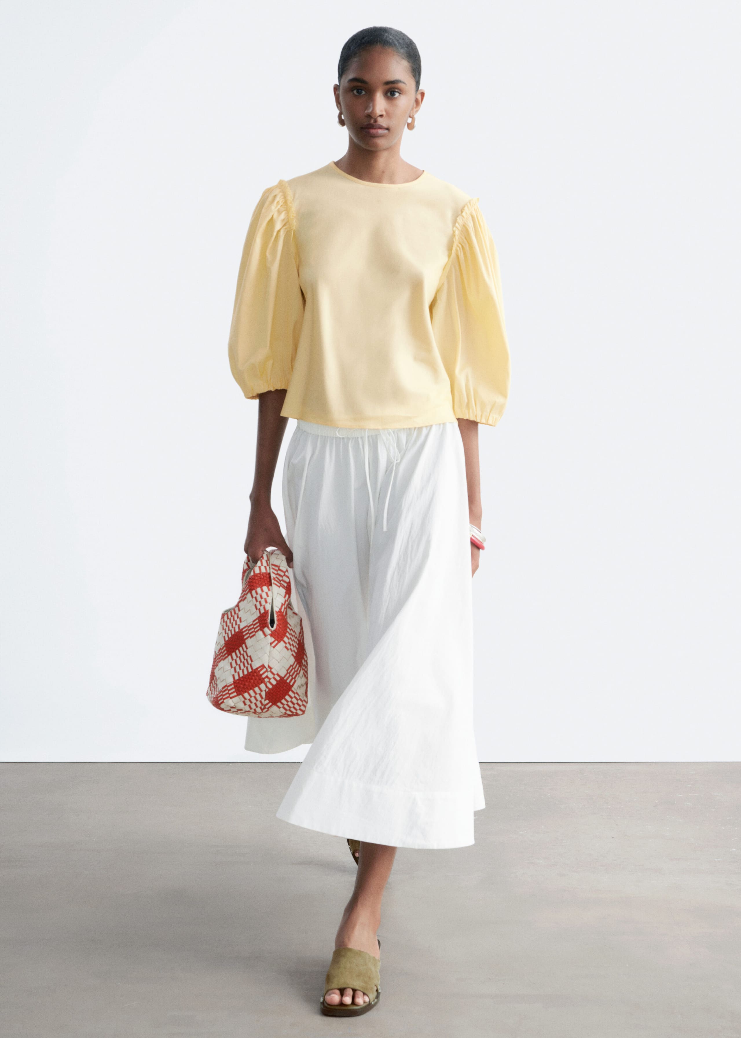 Balloon-Sleeve Jacquard Blouse - Beige/Tartan - Lookbook