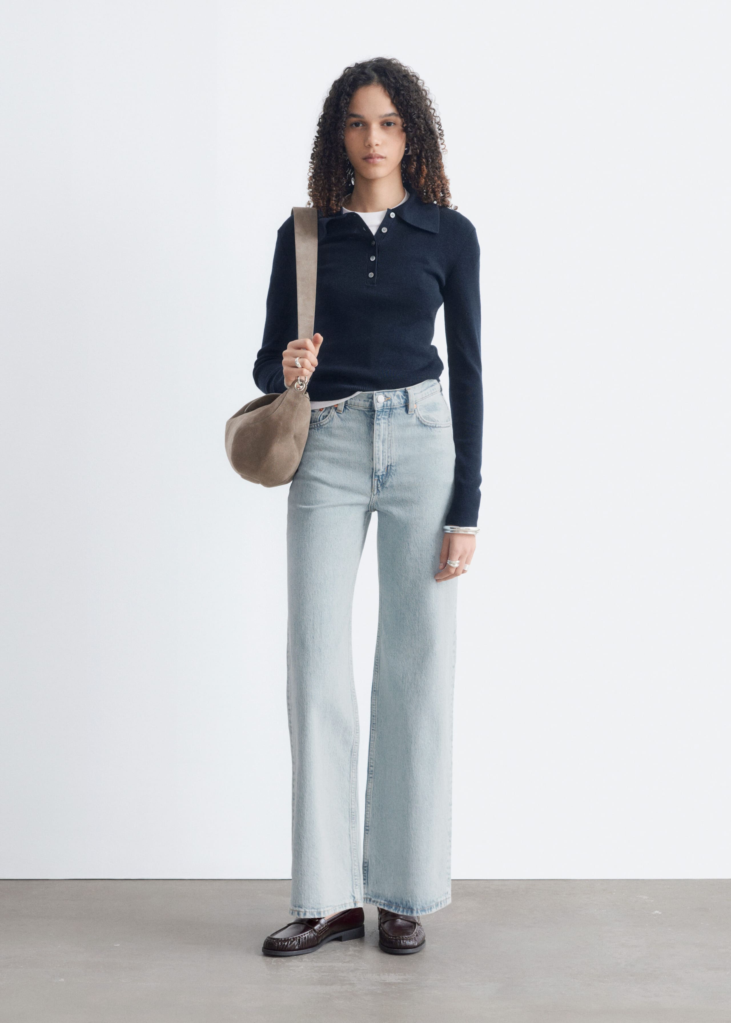 Rib-Knit Merino Wool Polo Top - Grey Melange - Lookbook