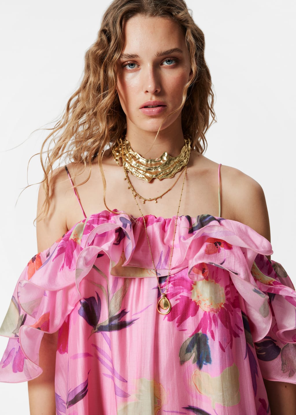 Off-Shoulder Ruffle Maxi Dress - Pink Floral - Lookbook