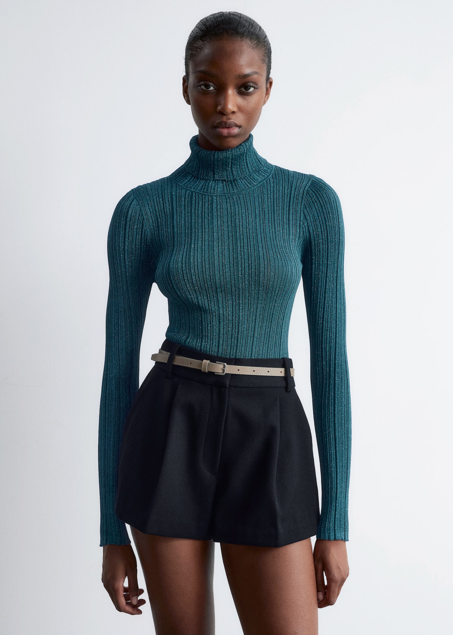 Rib-Knit Lurex Turtleneck - Dark Turquoise