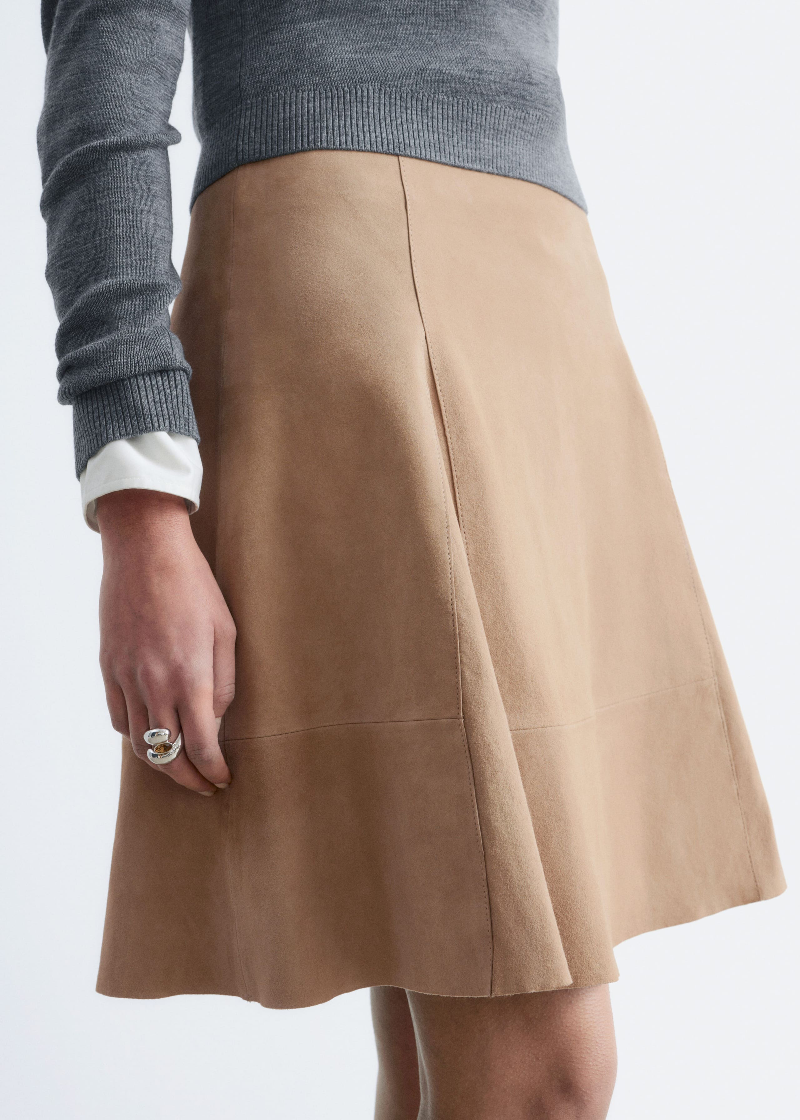 Knee-length A-line Suede Skirt - Beige - Lookbook
