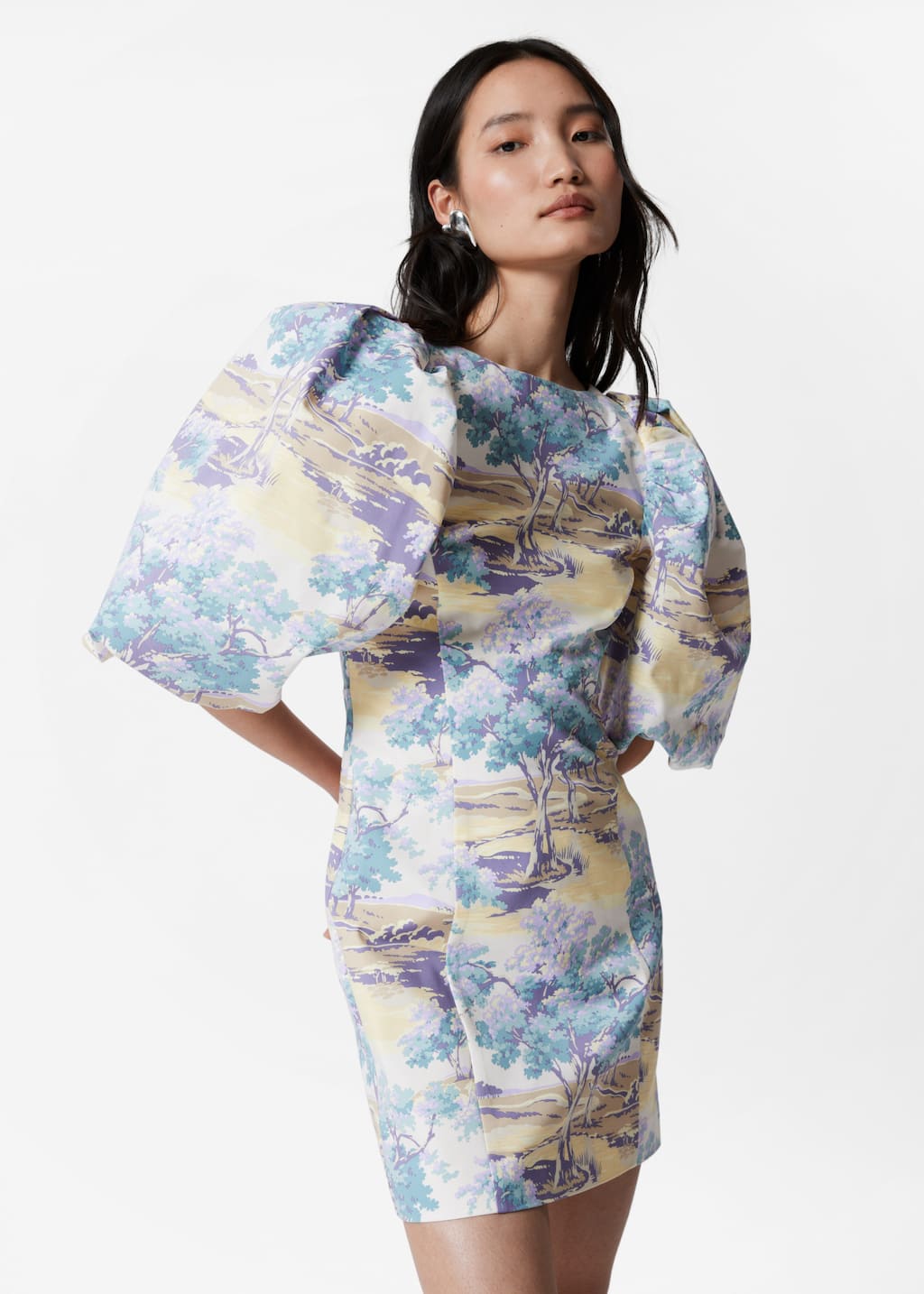 Puff-Sleeve Mini Dress - Yellow Pattern - Lookbook