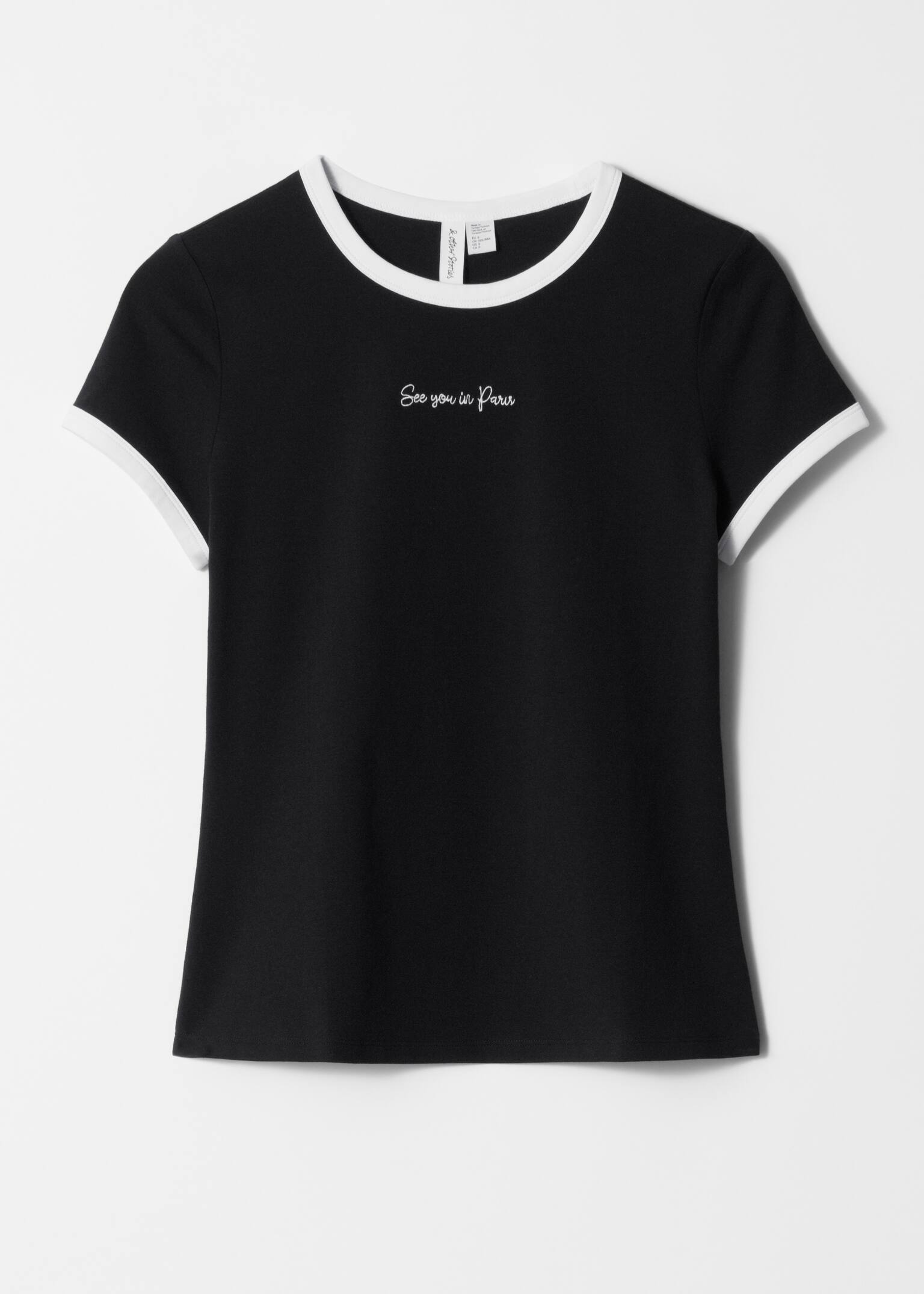 Haftowany T-shirt - Czarny/Beżowy / Czarne paski