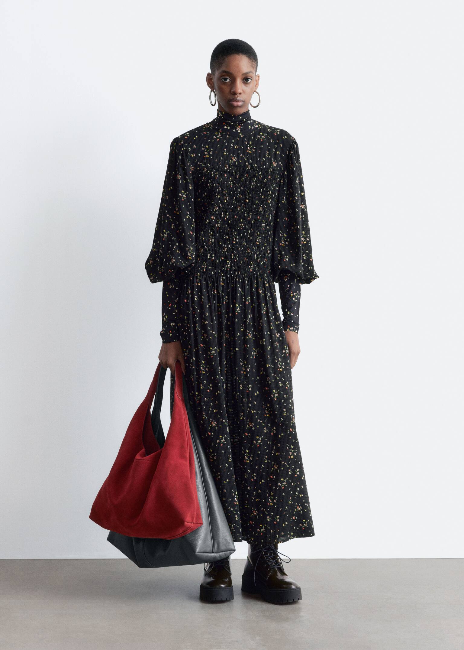 Smocked Balloon-Sleeve Midi Dress - Black/Floral Pattern - 6