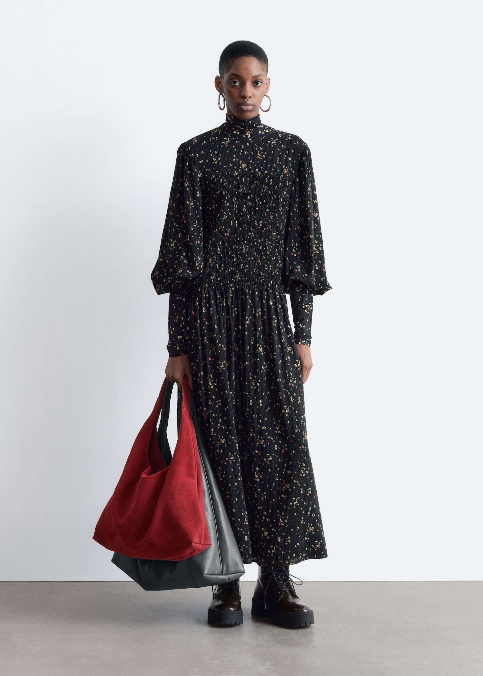 Smocked Balloon-Sleeve Midi Dress - Black/Floral Pattern - 6