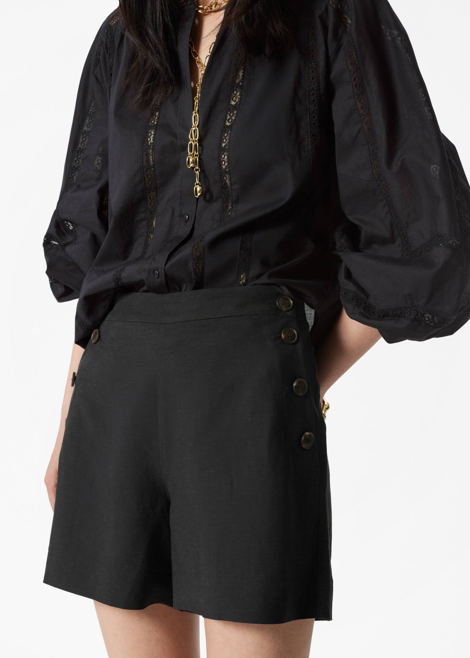 Buttoned Sailor Shorts - Black/Beige - 5