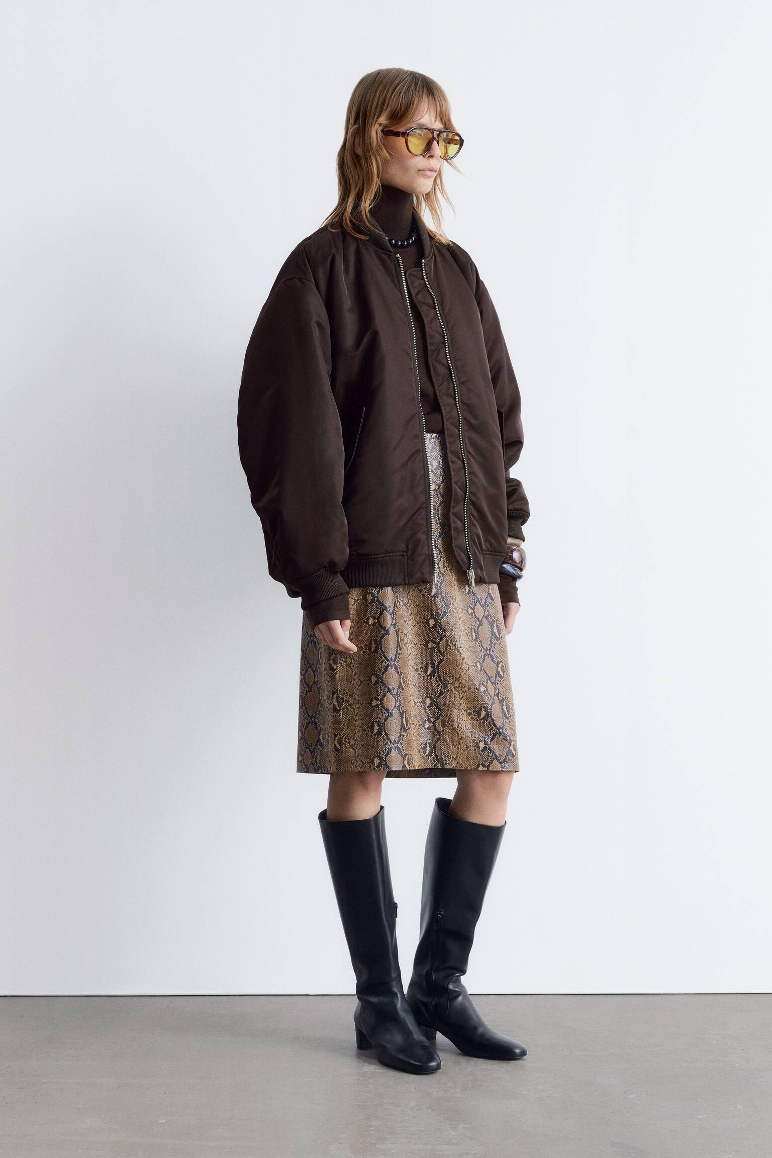 Long Bomber Jacket - Tmavě hnědá/Khaki zelená/Khaki Green - 8