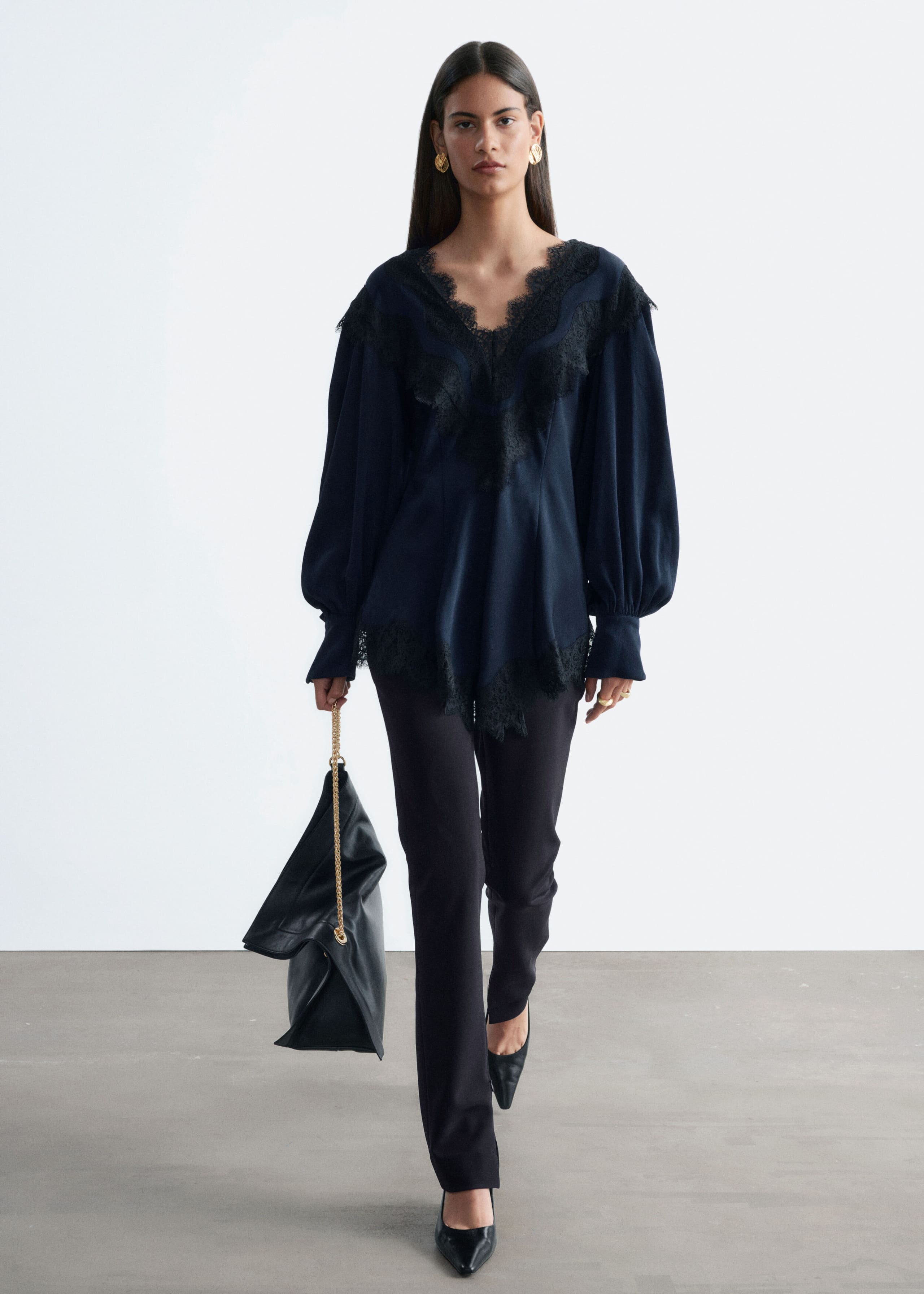 Lace-Detail Crepe Blouse - Blue/Black - Lookbook
