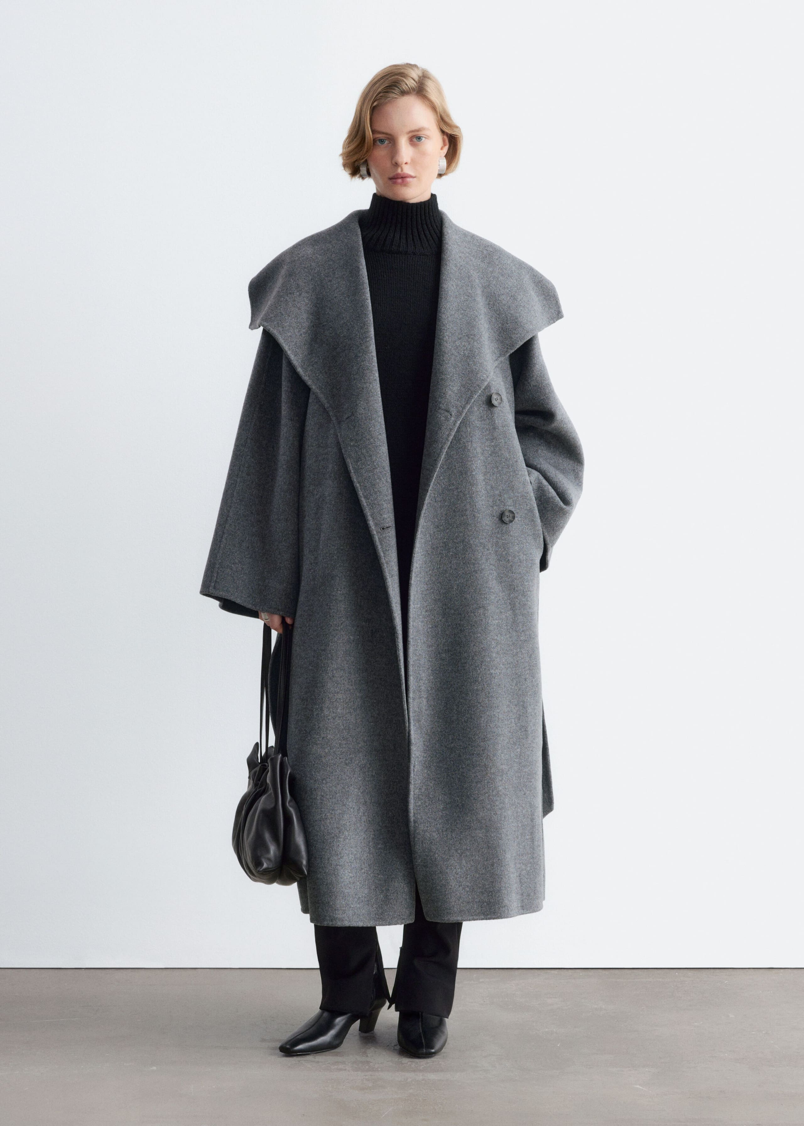 Wollen maxi-jas met sjaalkraag - Donkergrijs - Lookbook