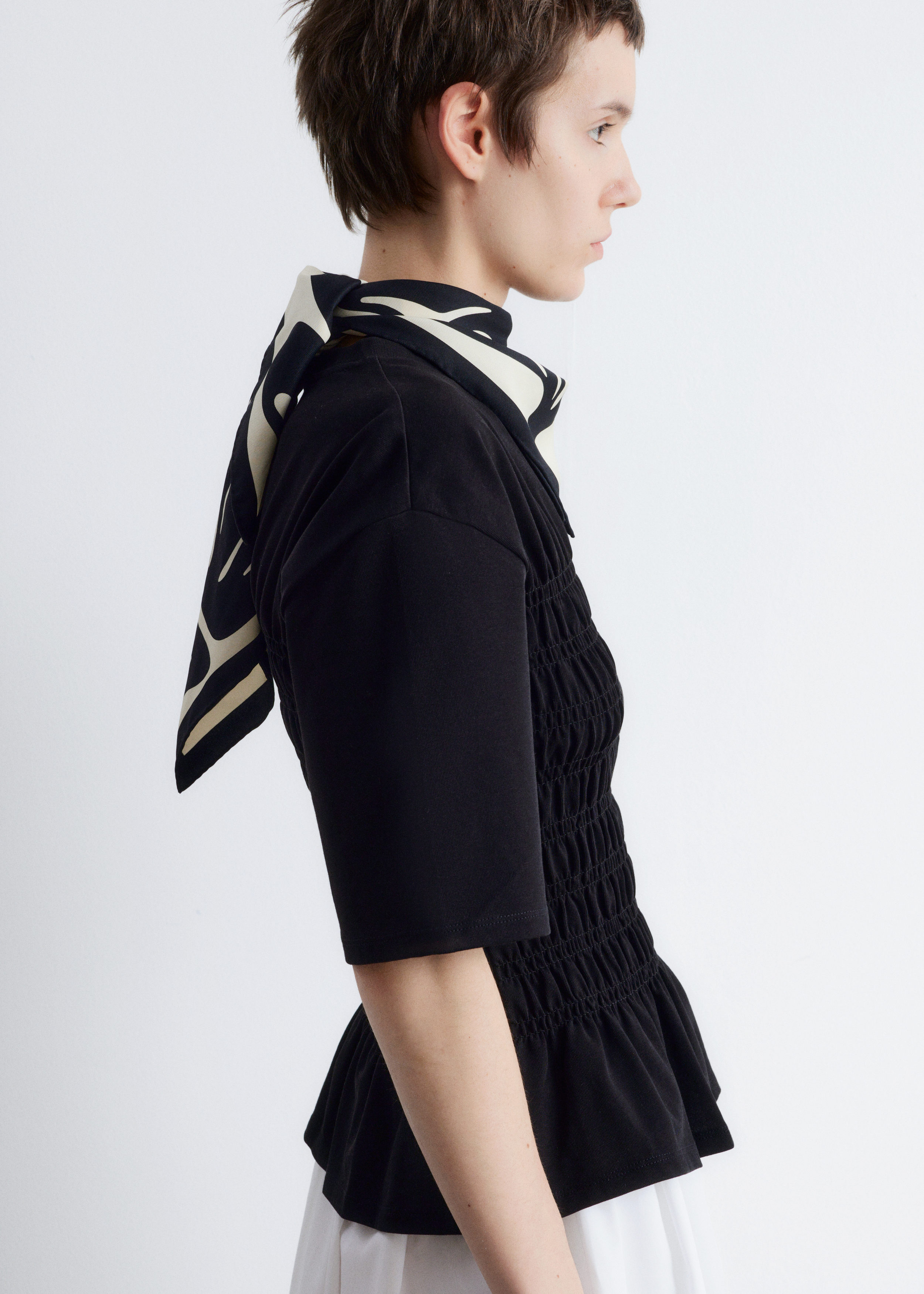 Smocked Crewneck Top - Black - Lookbook