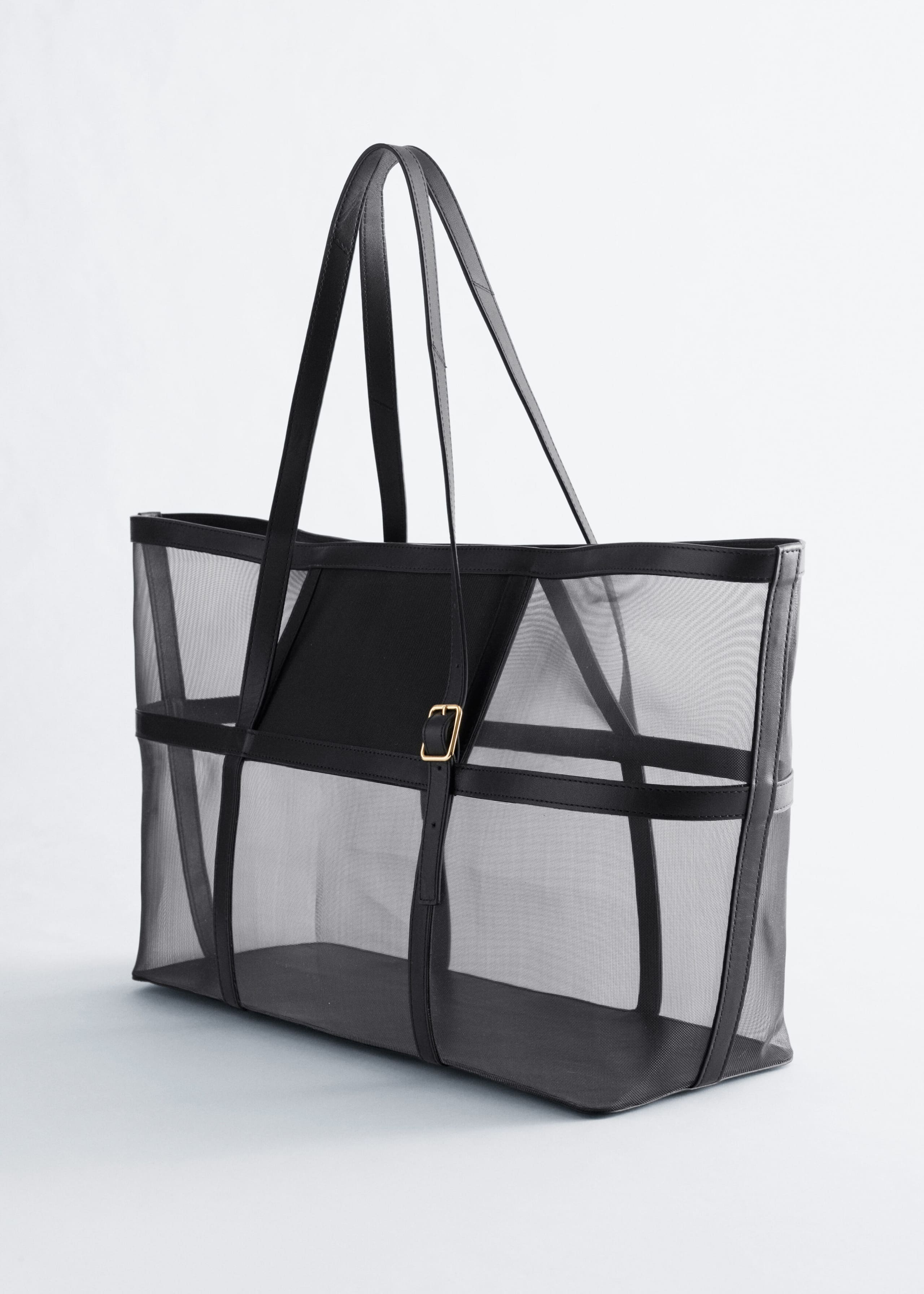 Leather Detail Mesh Tote - Black - Still Life