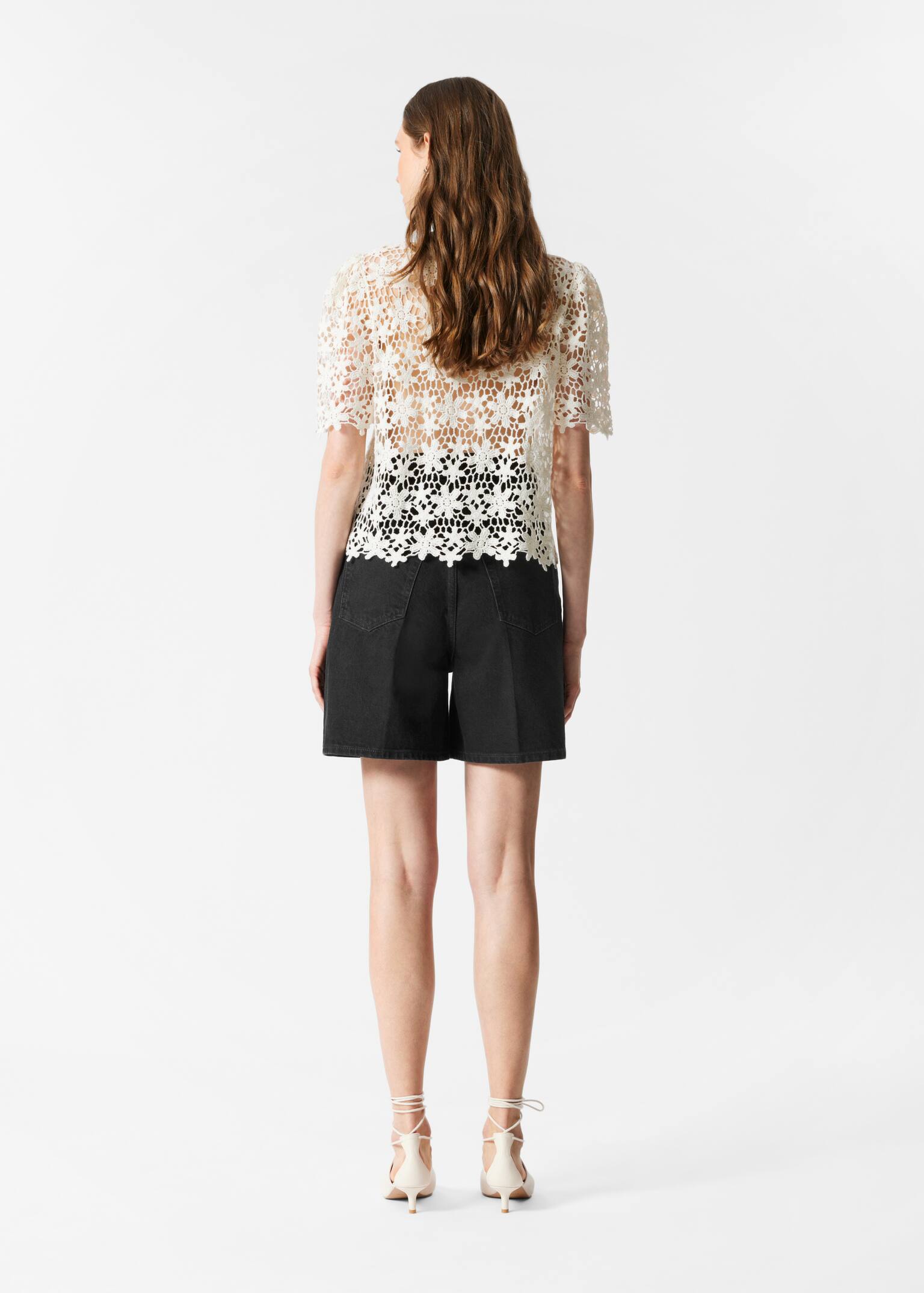 Cardigan Croșetat cu Mâneci Scurte - Alb/Negru - 4