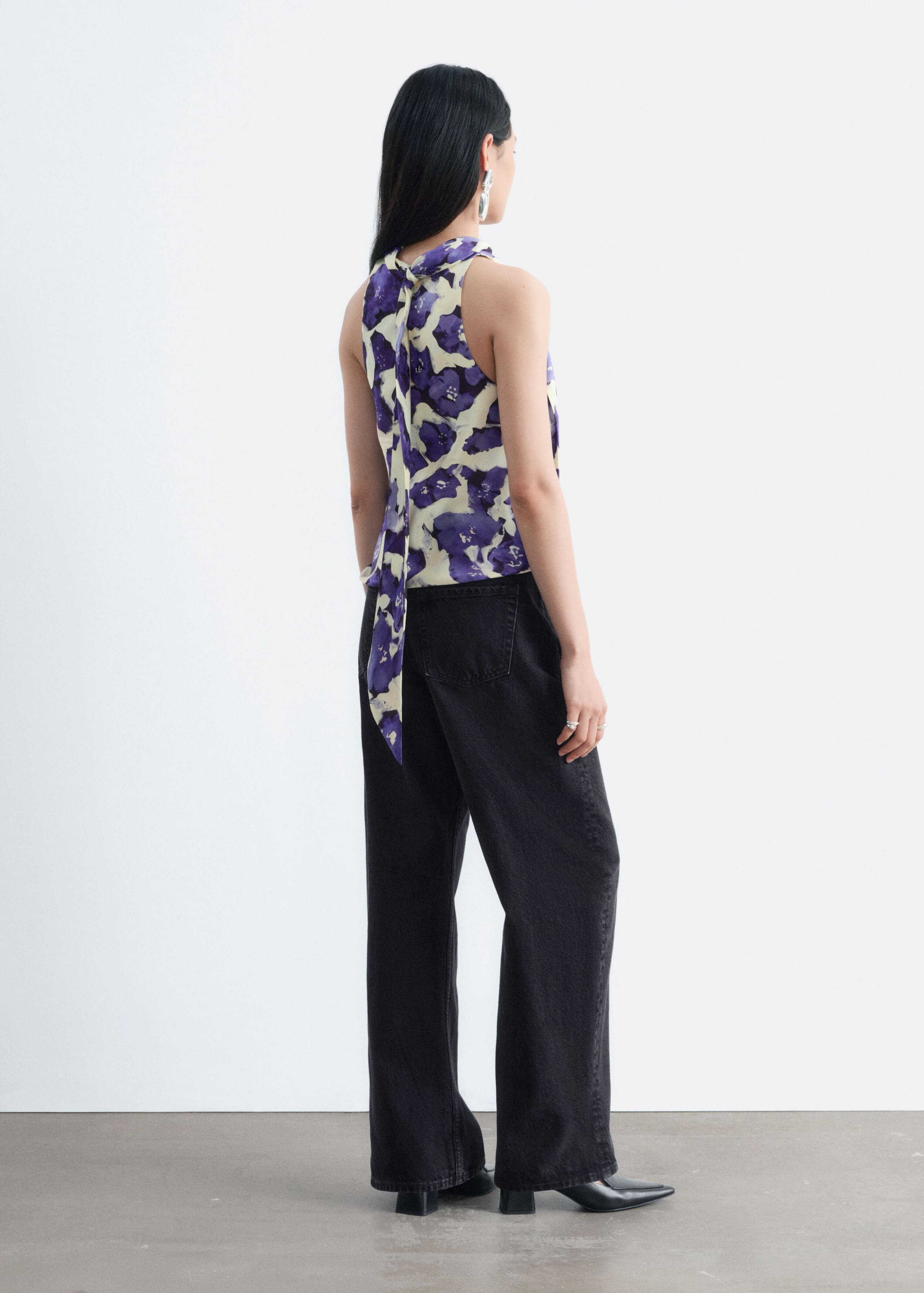 Scarf-Neck Silk Top - White/Purple - Lookbook