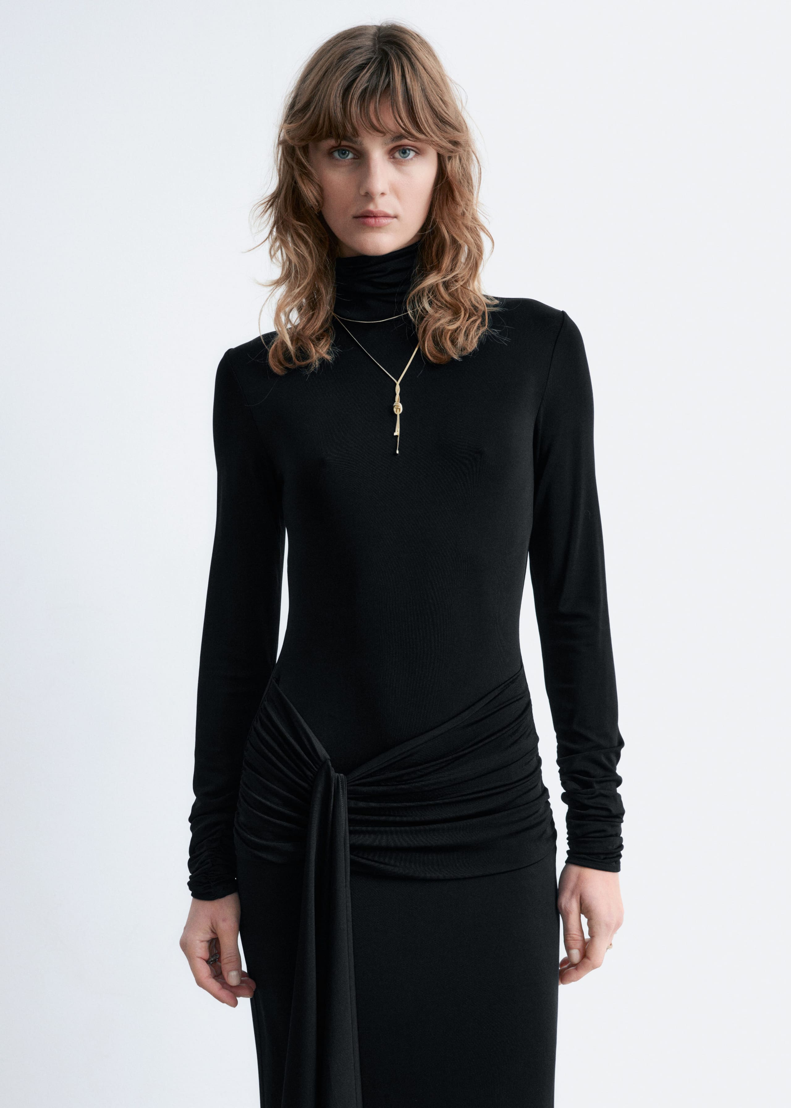 Tie-Detail Turtleneck Midi Dress