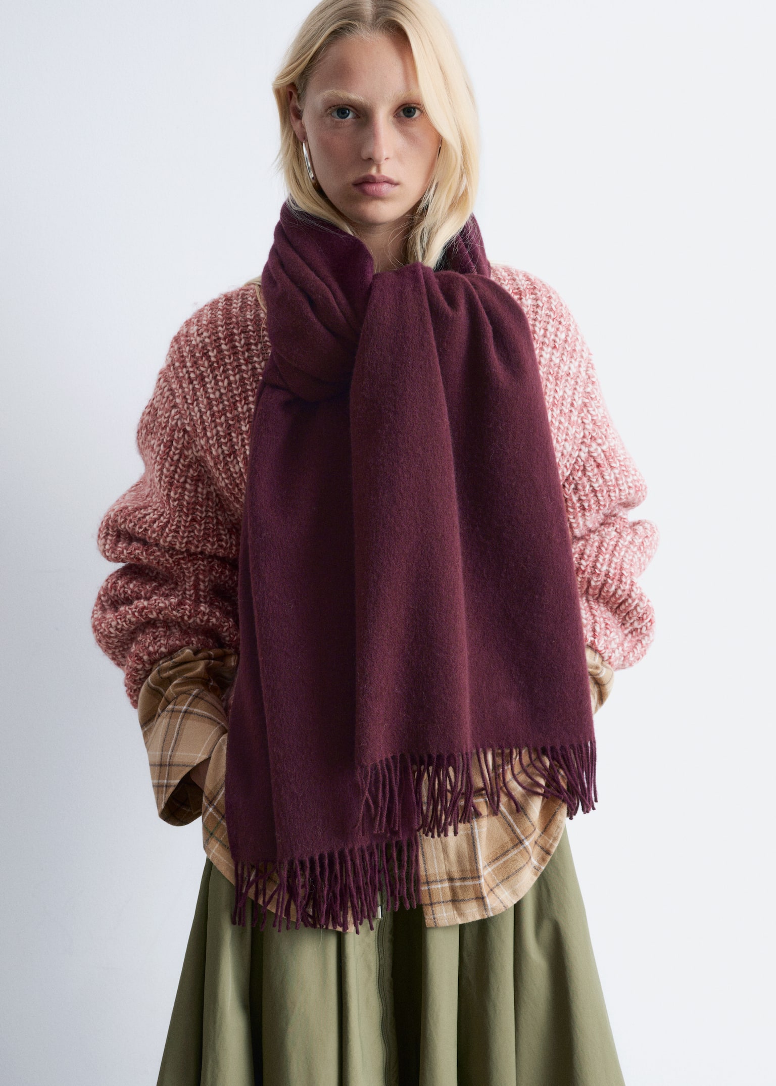 Fringed Wool Blanket Scarf - Burgundy/Ruby Red/Light Yellow/Beige/Cream/Grey/Black/Sky blue