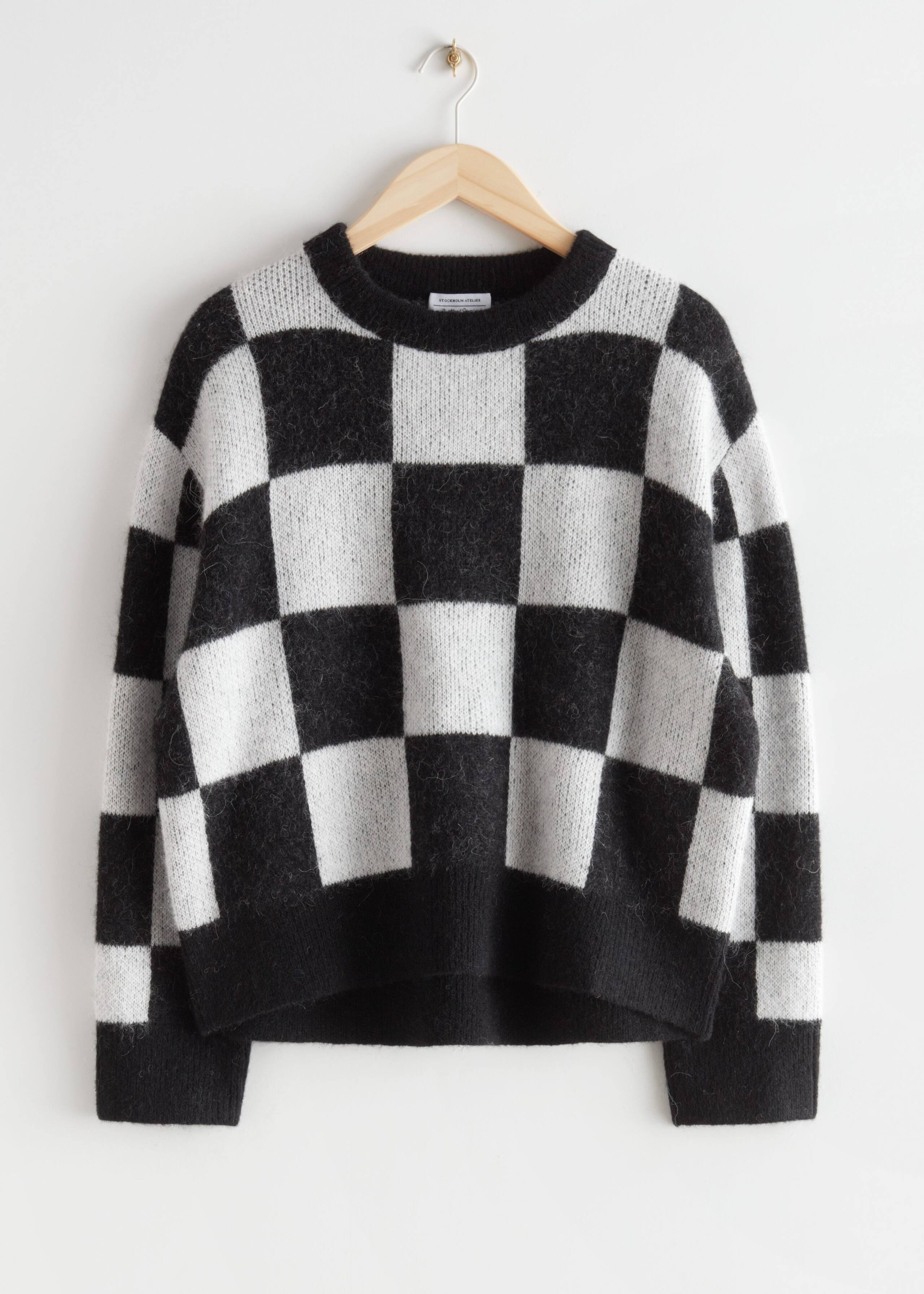 Oversized Check Knit Sweater - Yellow/White Checks - Bodegón