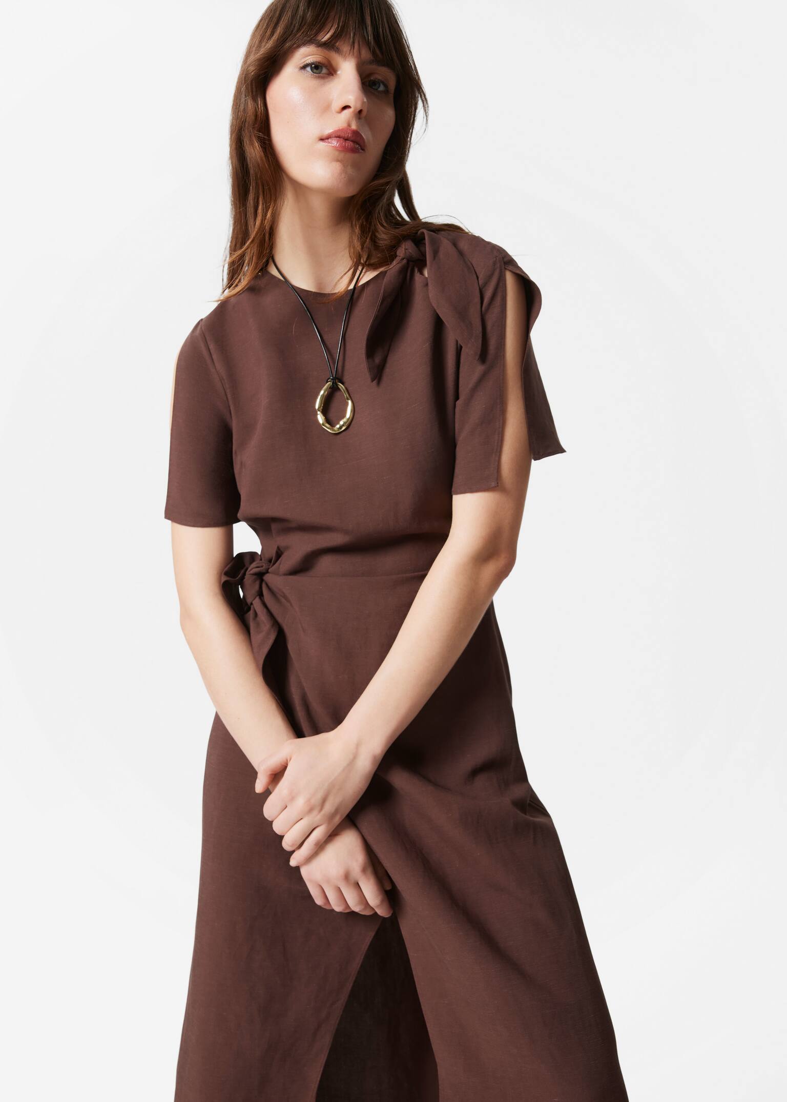 Knot-Detail Midi Dress - Dark Brown - 4