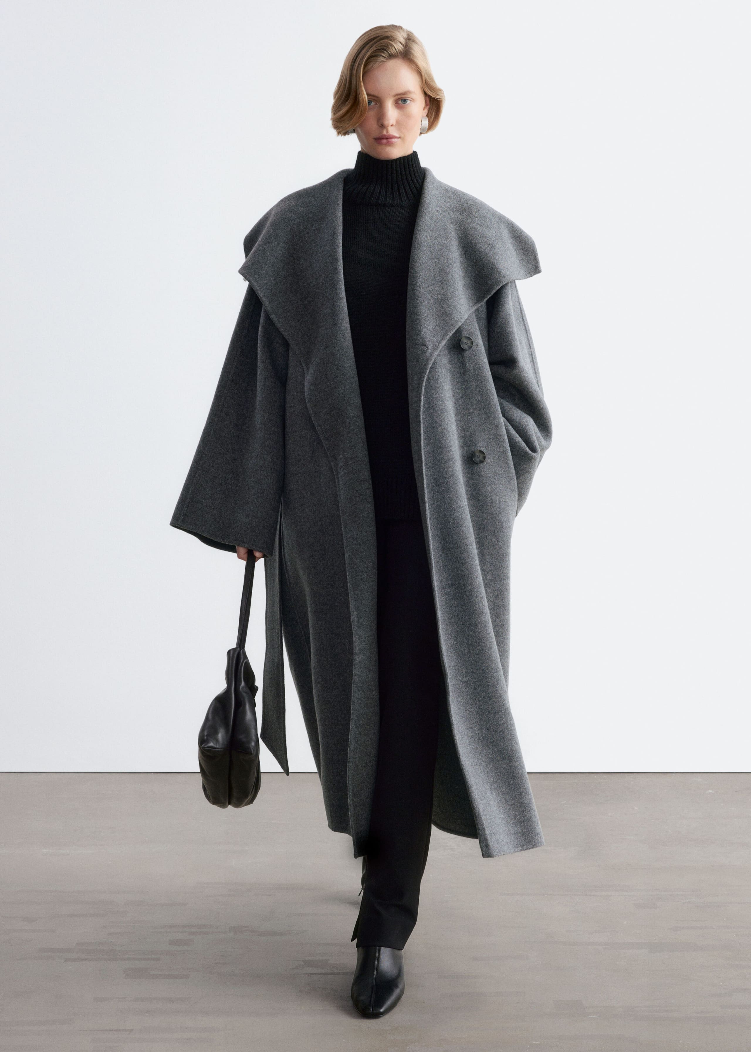 Wollen maxi-jas met sjaalkraag - Donkergrijs - Lookbook