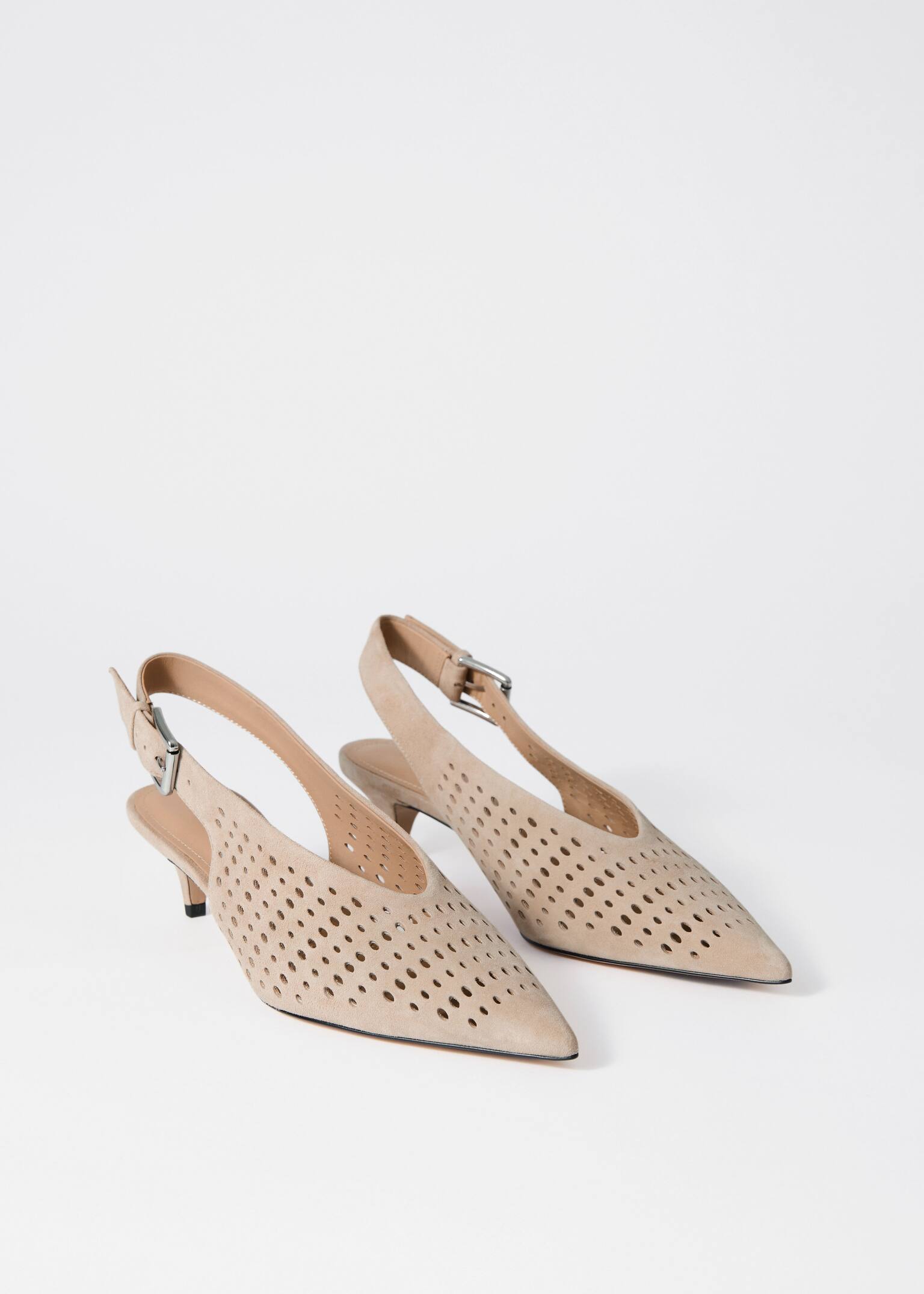 Leather Slingback Kitten Heels - Beige suede - 4