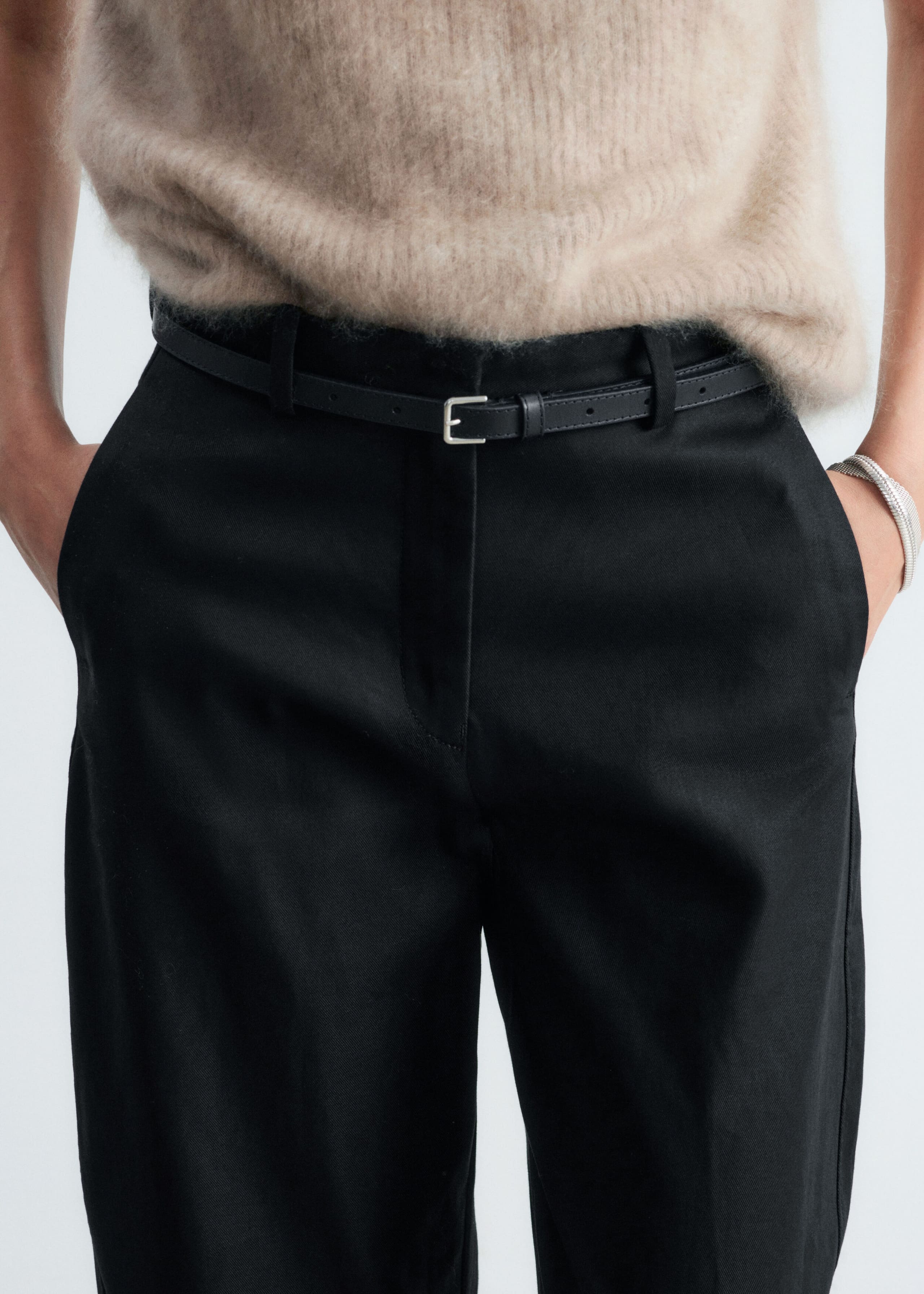 Cotton Twill Barrel Leg Trousers - Black - Lookbook