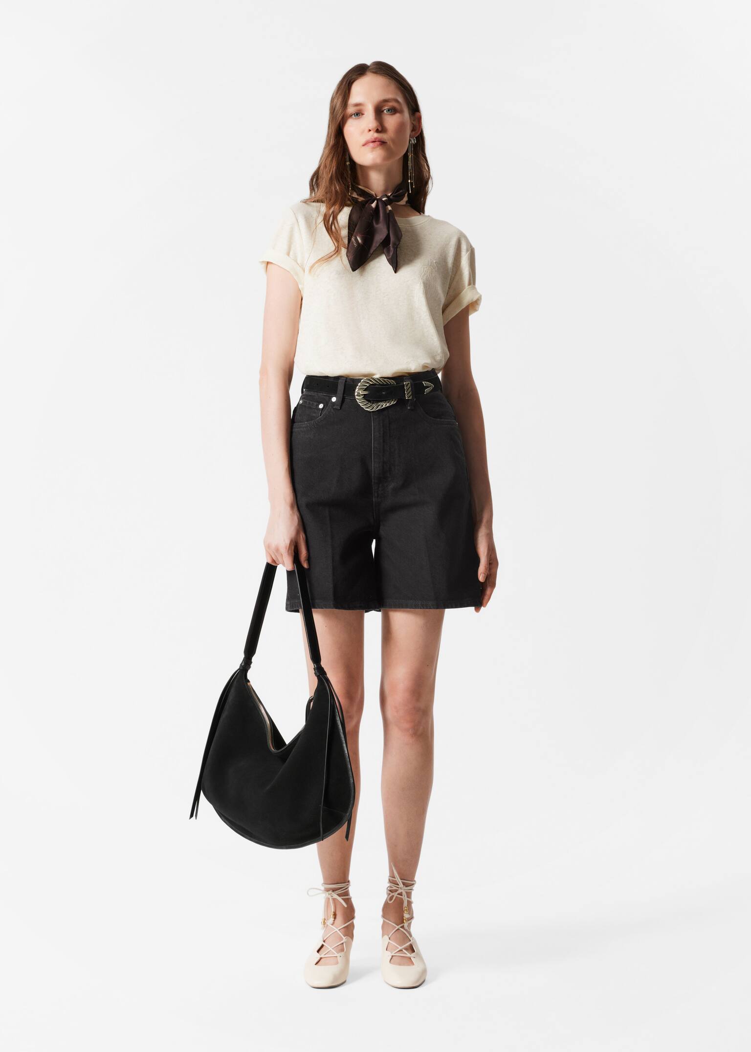 T-shirt z domieszką lnu - Kremowy - 4