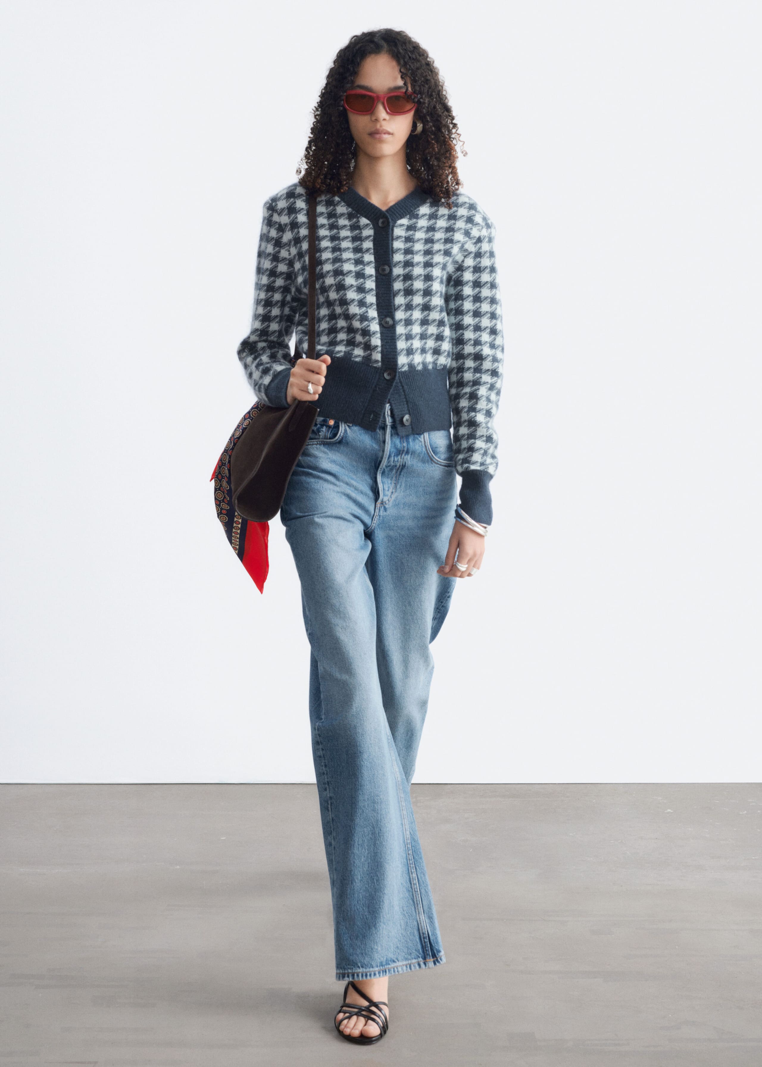 Mohair-Blend Jacquard Cardigan - Turquoise/Navy Houndstooth - Still Life
