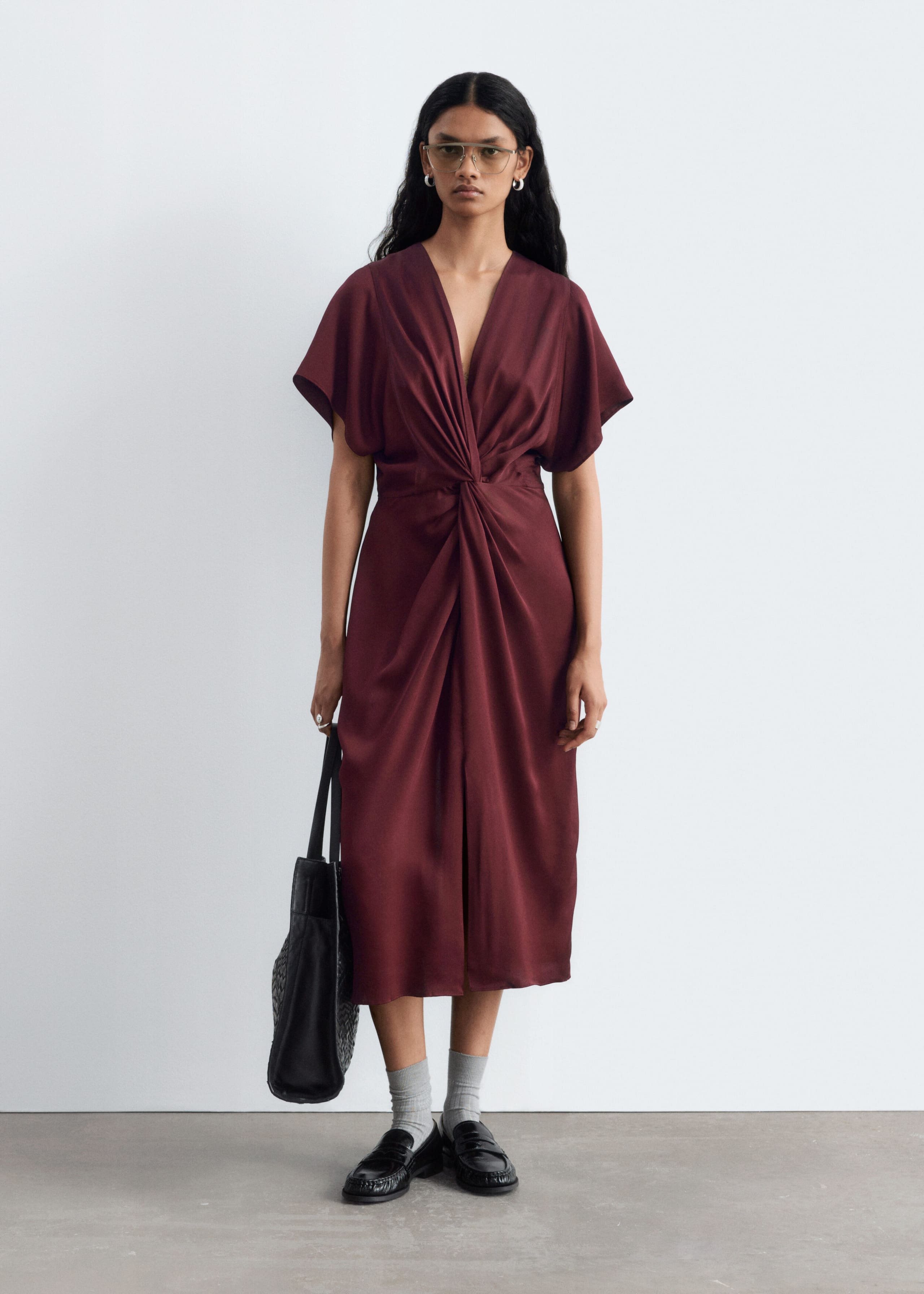 Twist-Waist Midi Dress - Dark Red - Lookbook