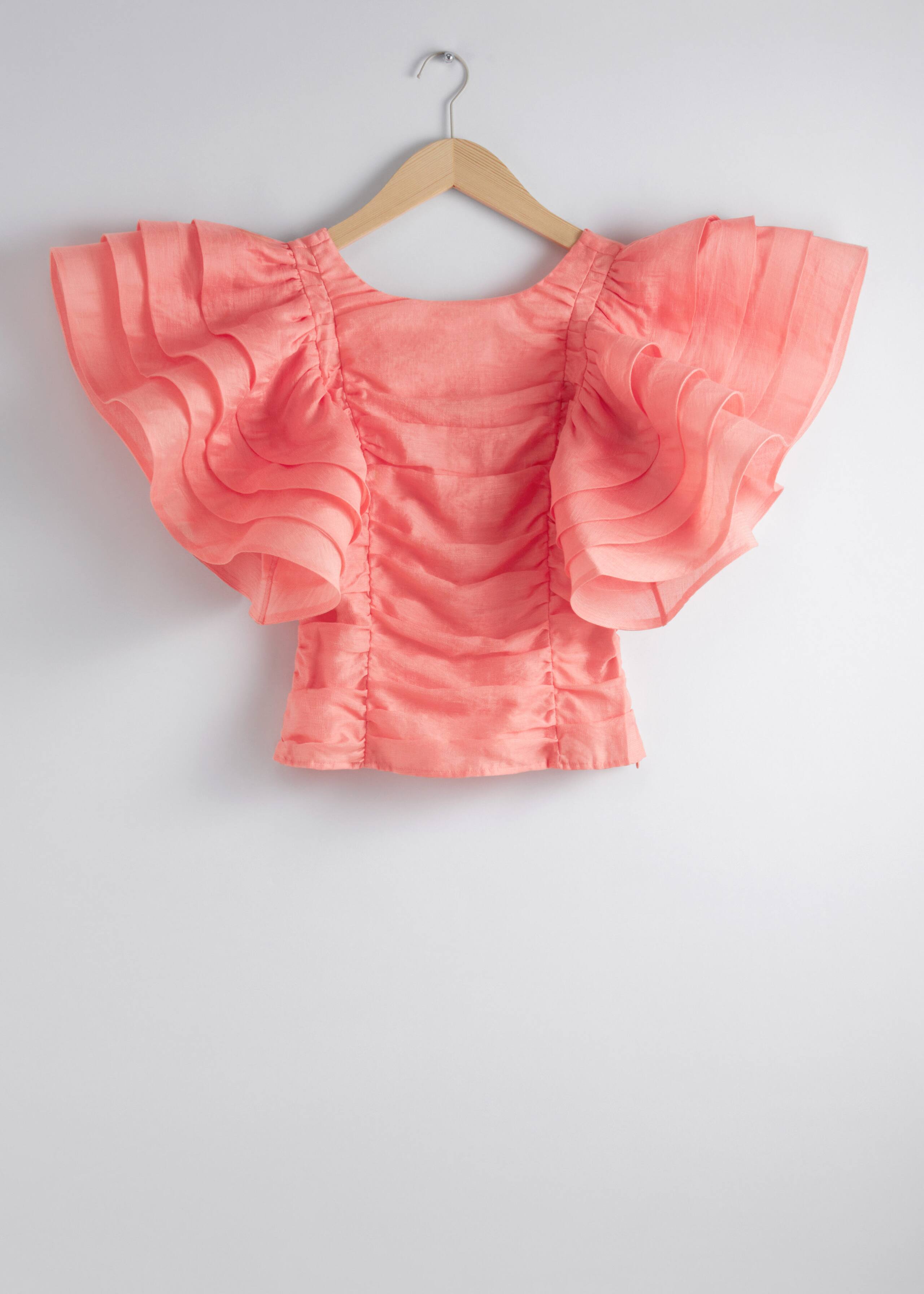 Fitted Ruffle-Sleeve Blouse - Coral - Still Life