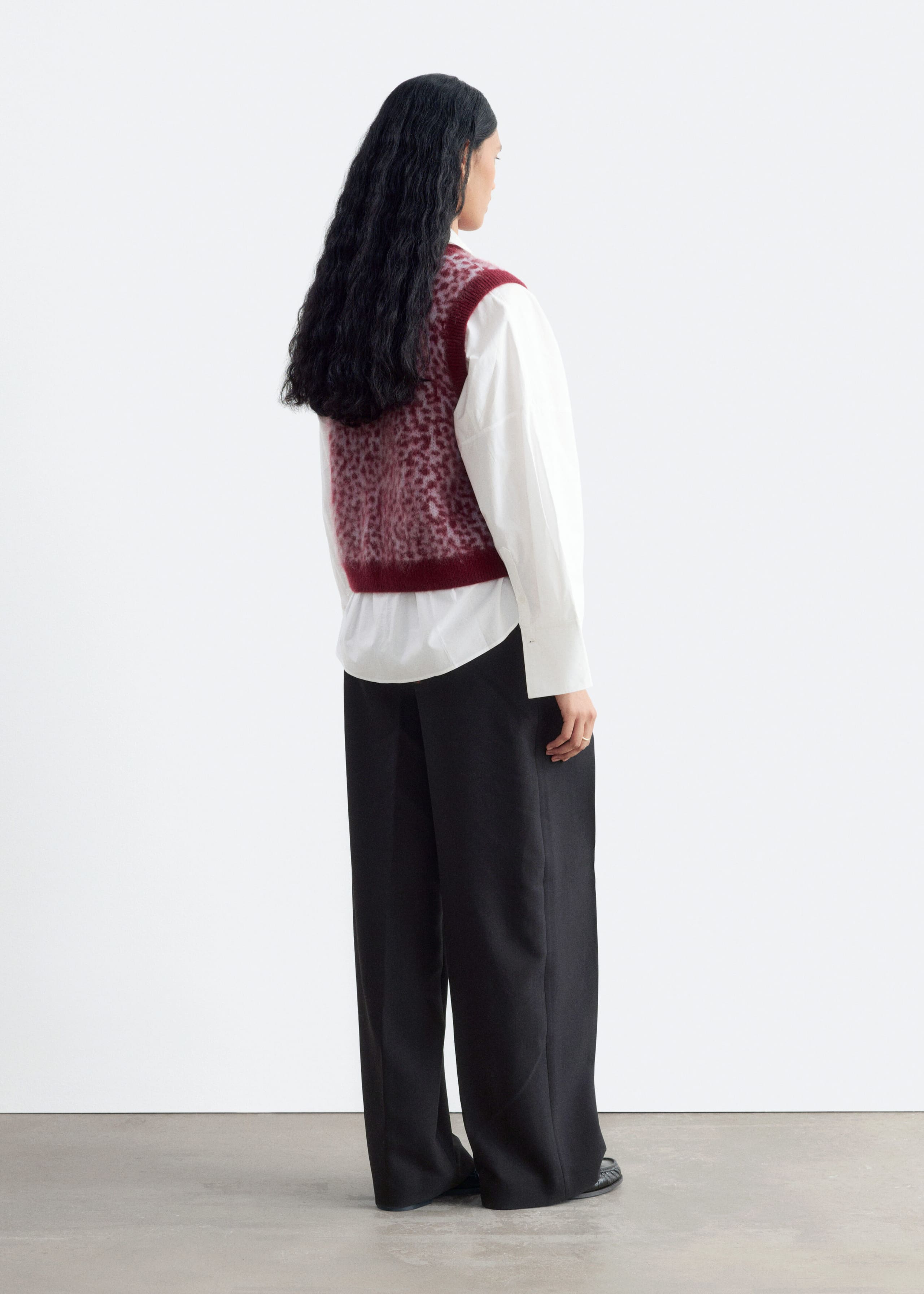 Brushed Wool Jacquard Vest - Khaki Green/Leopard Print - Lookbook