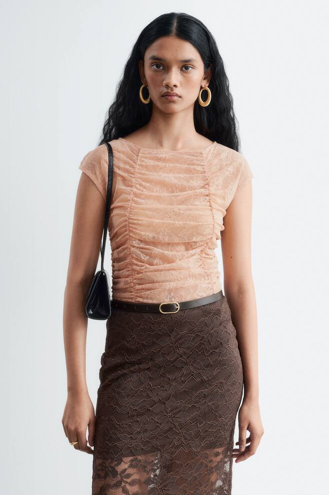Ruched Lace Top - Peach/Dark Brown - 1