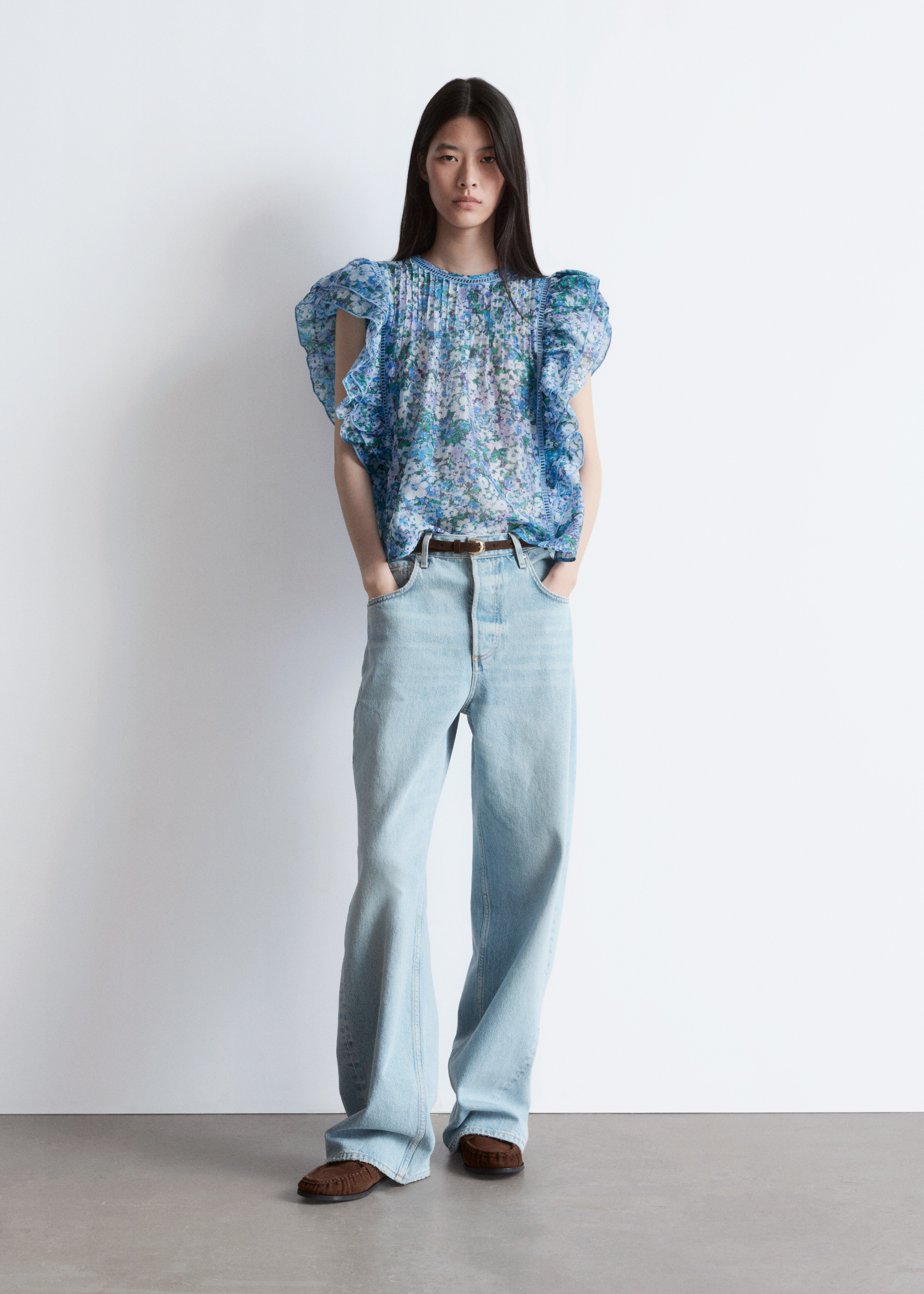 Ruffled Top - Modré květinové/Květinový potisk