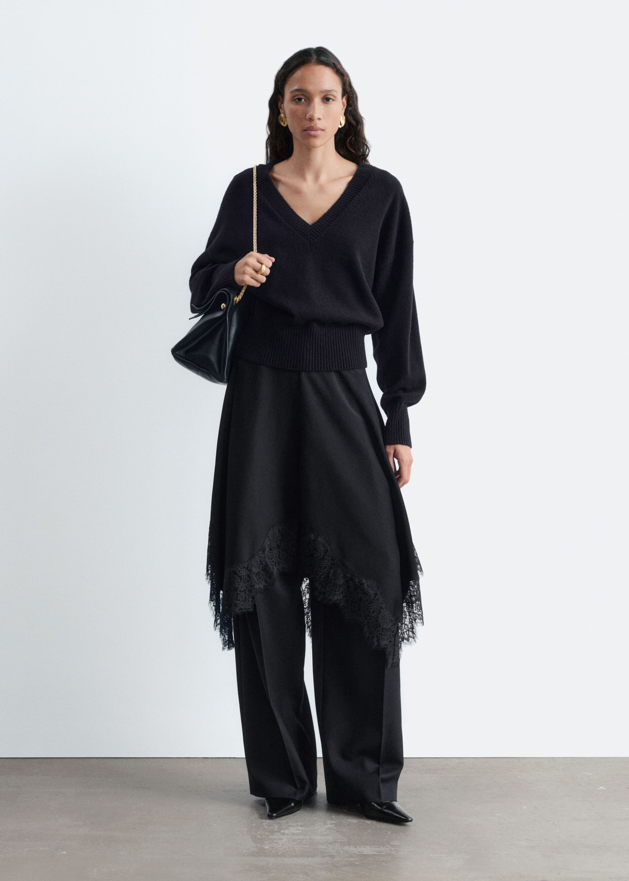 Wool-Cotton V-Neck Jumper - Black - Still Life