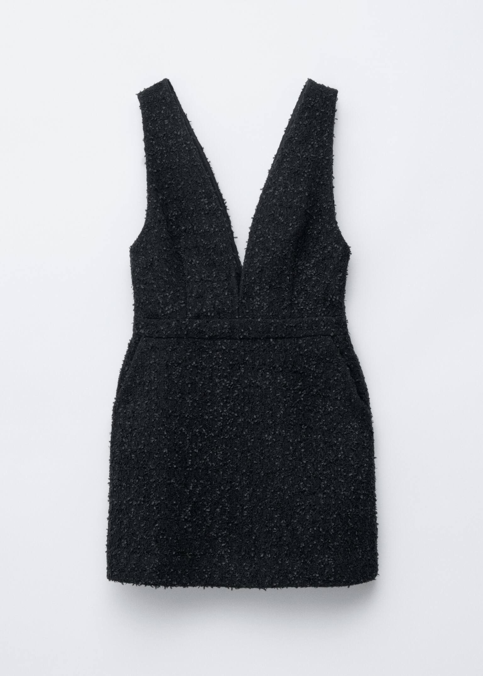 Textured V-Neck Mini Dress - שחור - 2