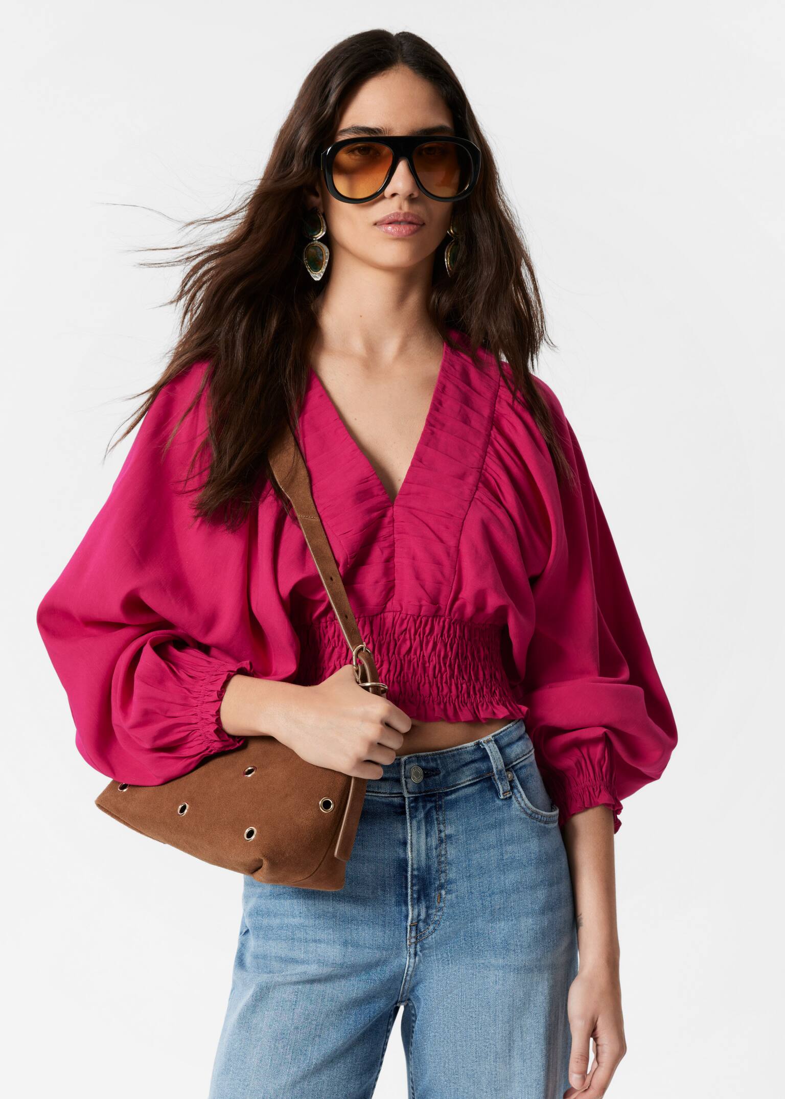 Blusa con maniche a sbuffo e lavorazione smock - Rosa scuro/Bianco - 3