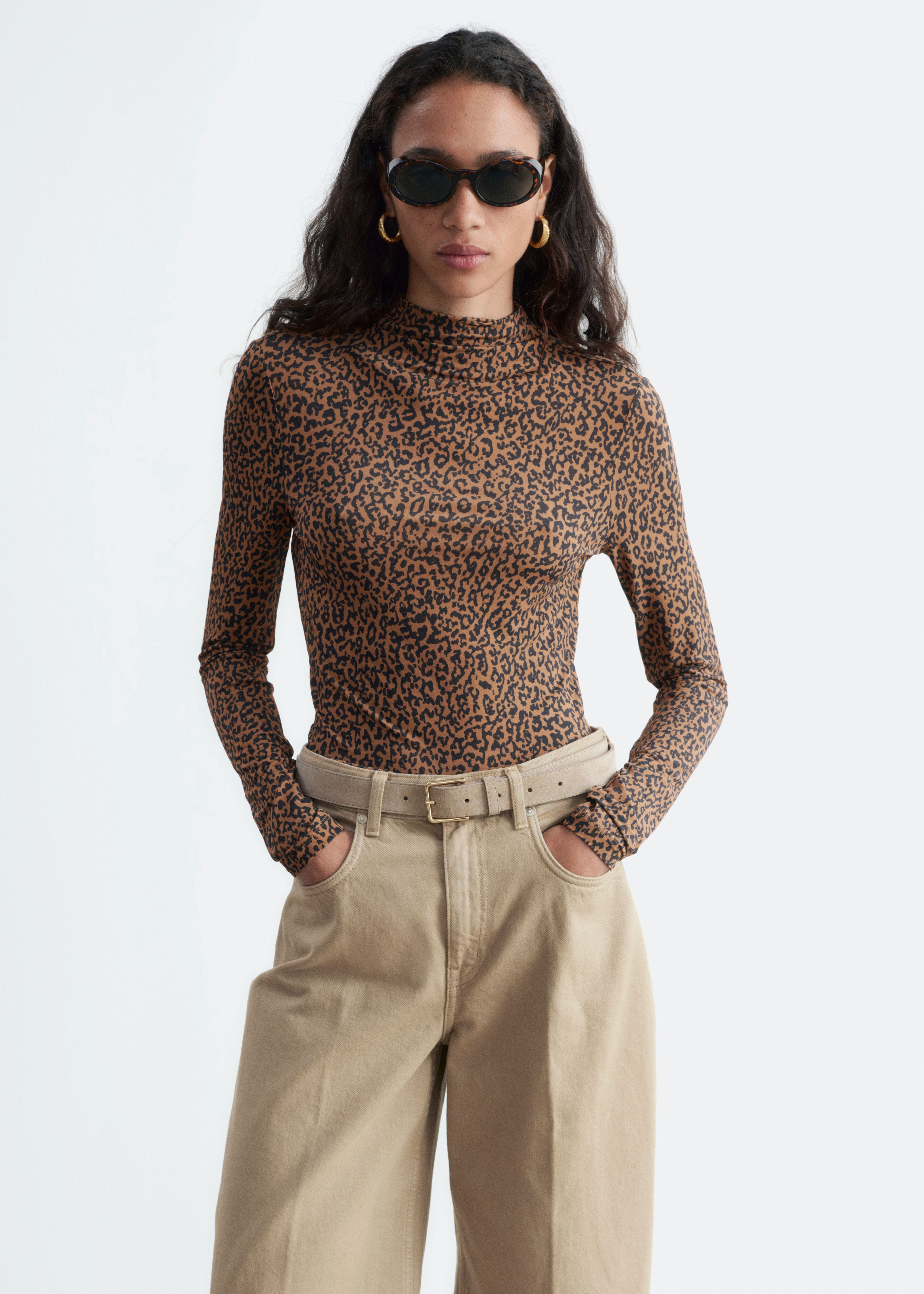 Top s falešným rolákem - Hnědá/Leopardí Potisk/Růžová/Květinový