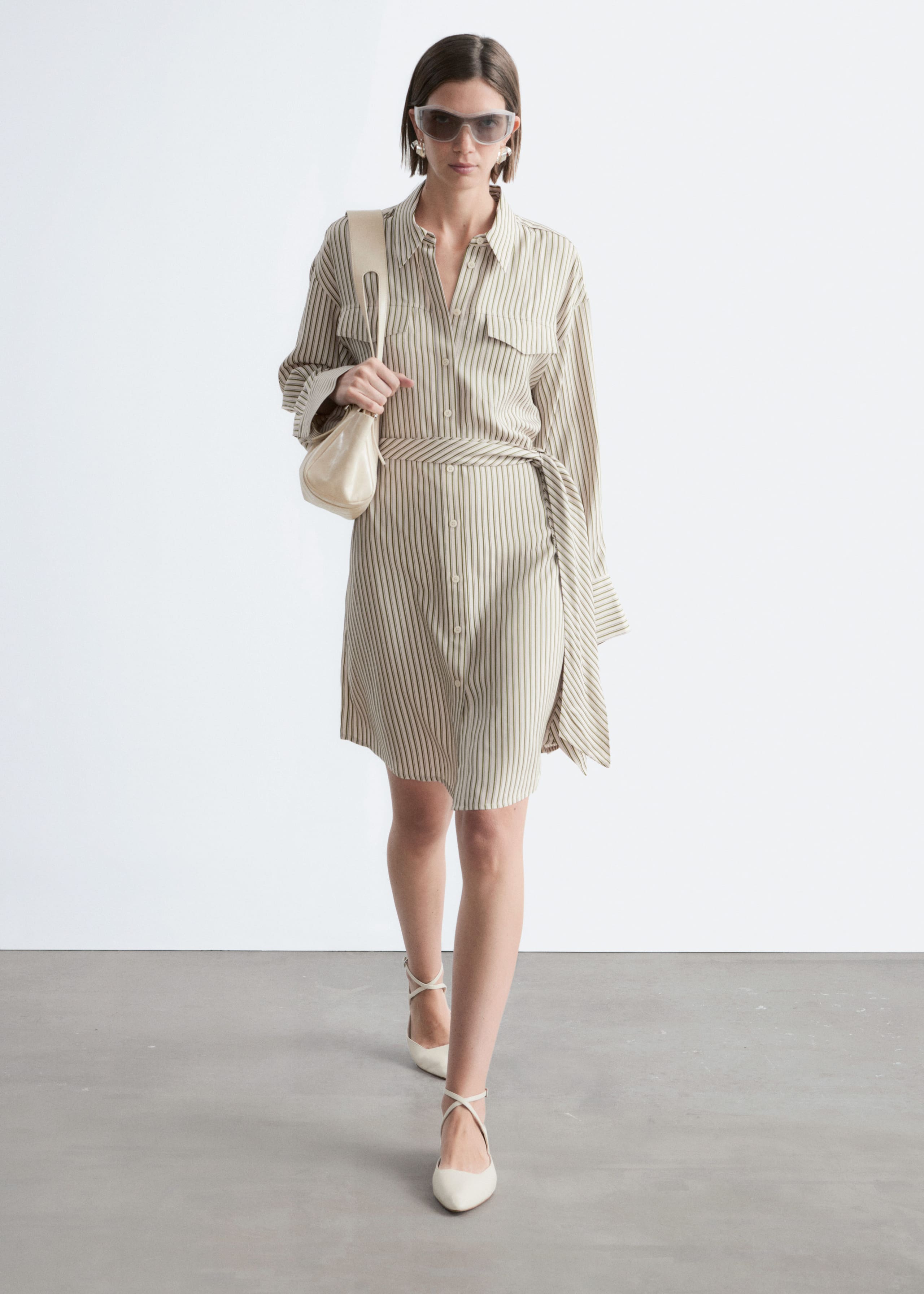 Tie-Belt Mini Shirt Dress - White/Green Pinstripes - Lookbook