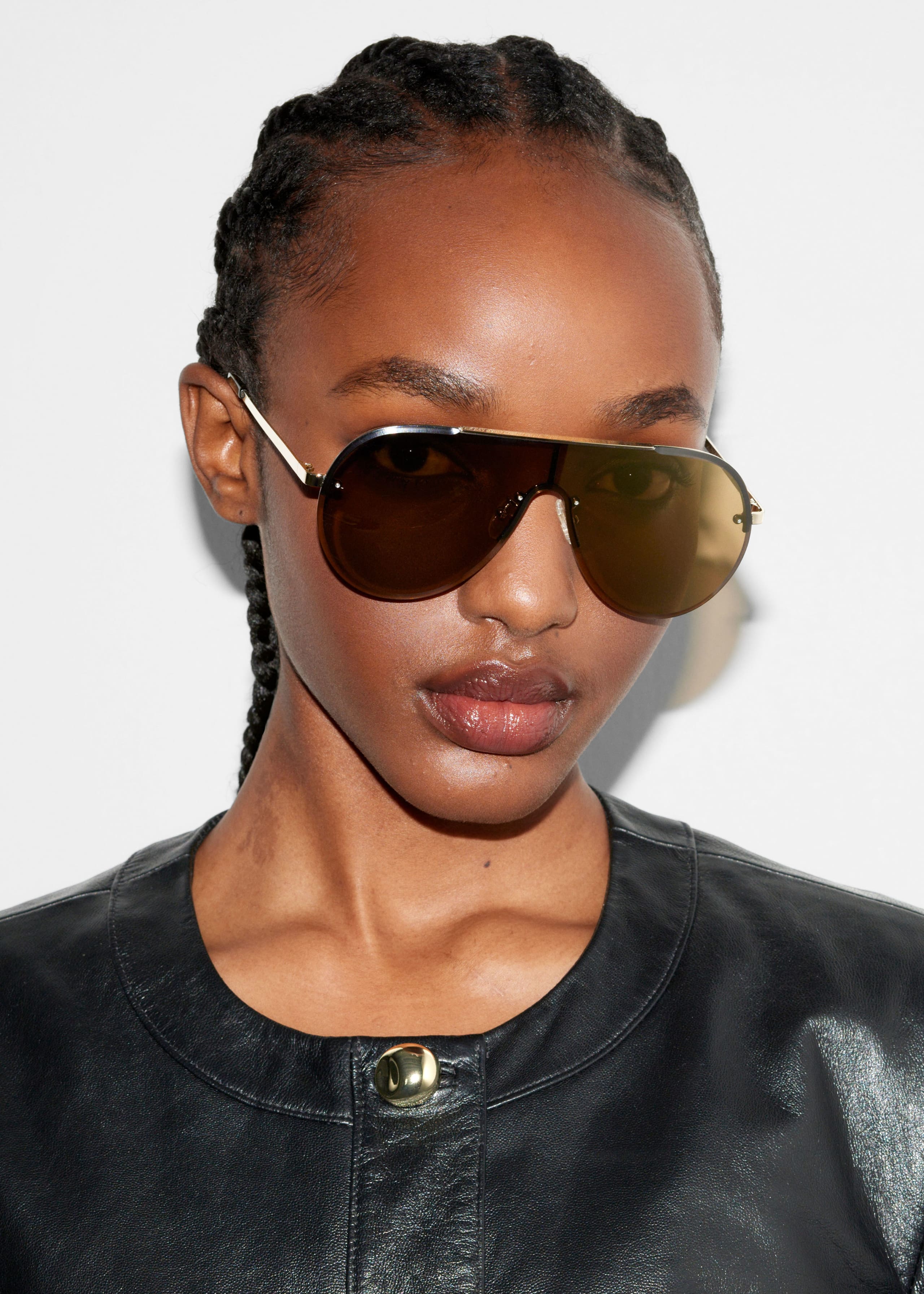 Occhiali da sole in stile aviatore senza montatura - Marrone/Oro - Lookbook
