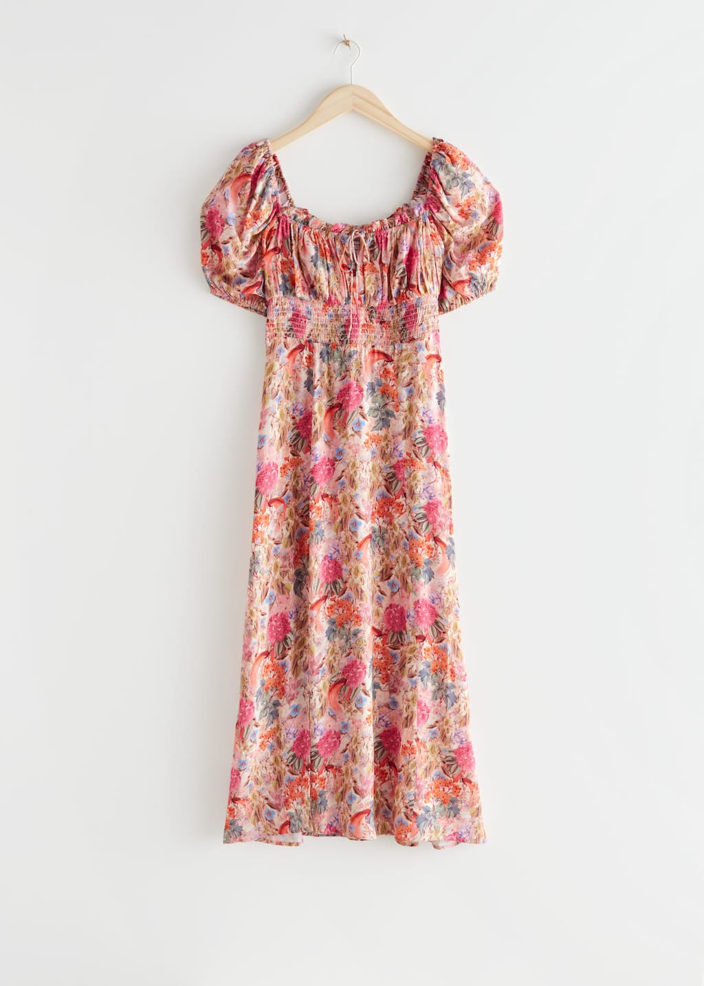 Smocked Puff Sleeve Midi Dress - Pink/Orange - Bodegón