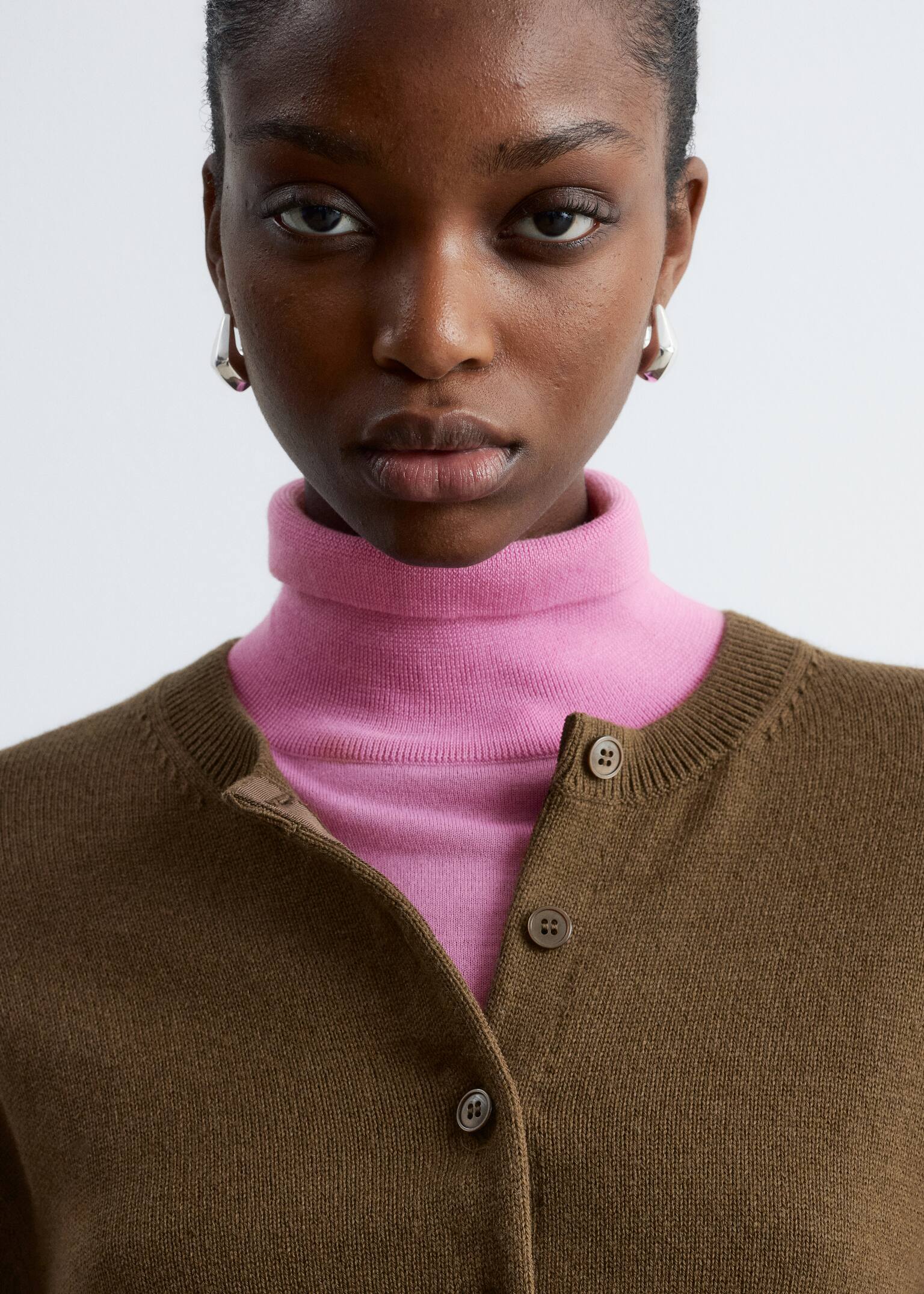 Gyapjúkeverék kardigán - Világosbarna/Sötétvörös/Fekete - 6