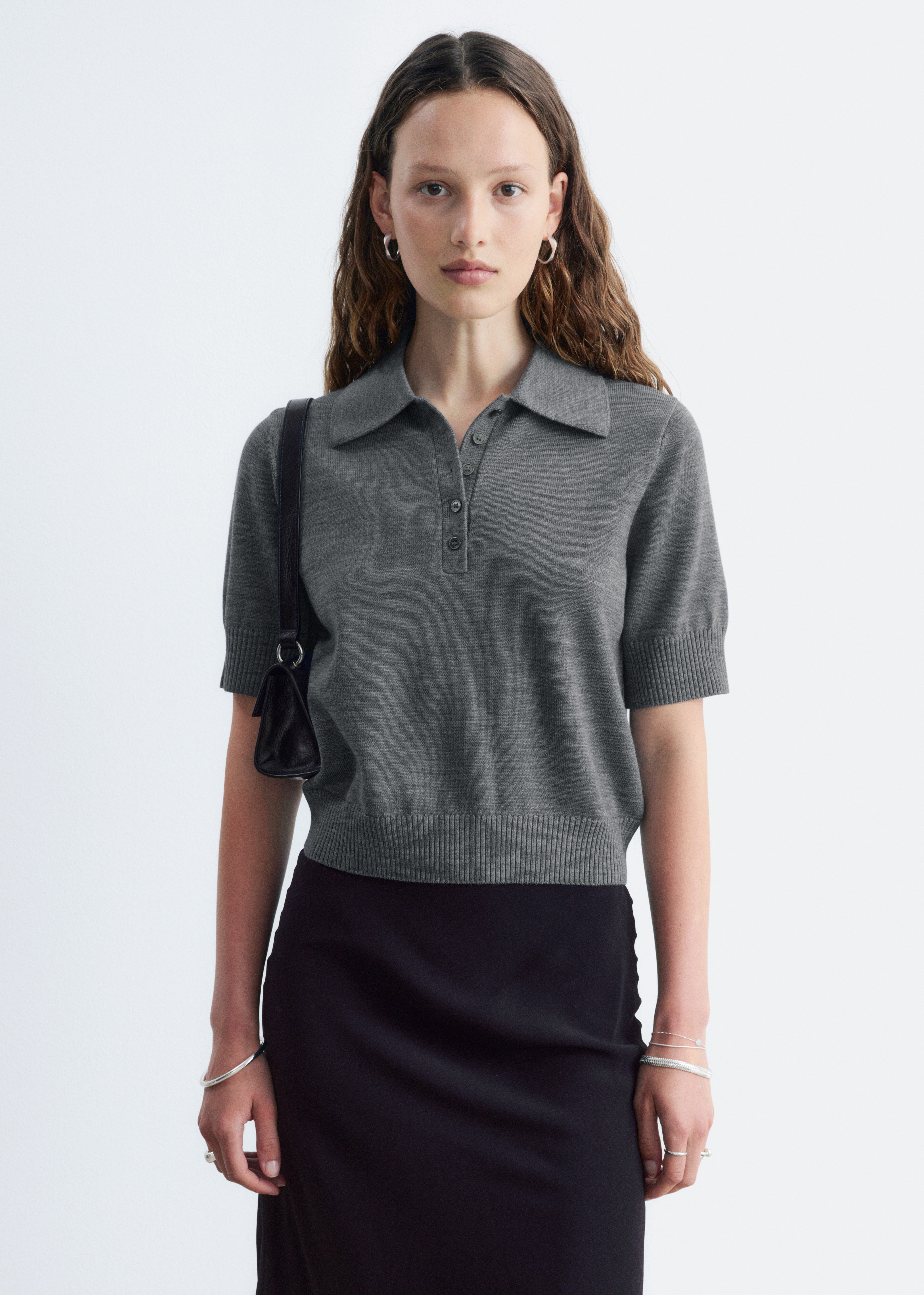 Poloshirt aus Wolle - Dunkelgrau meliert/Hellblau