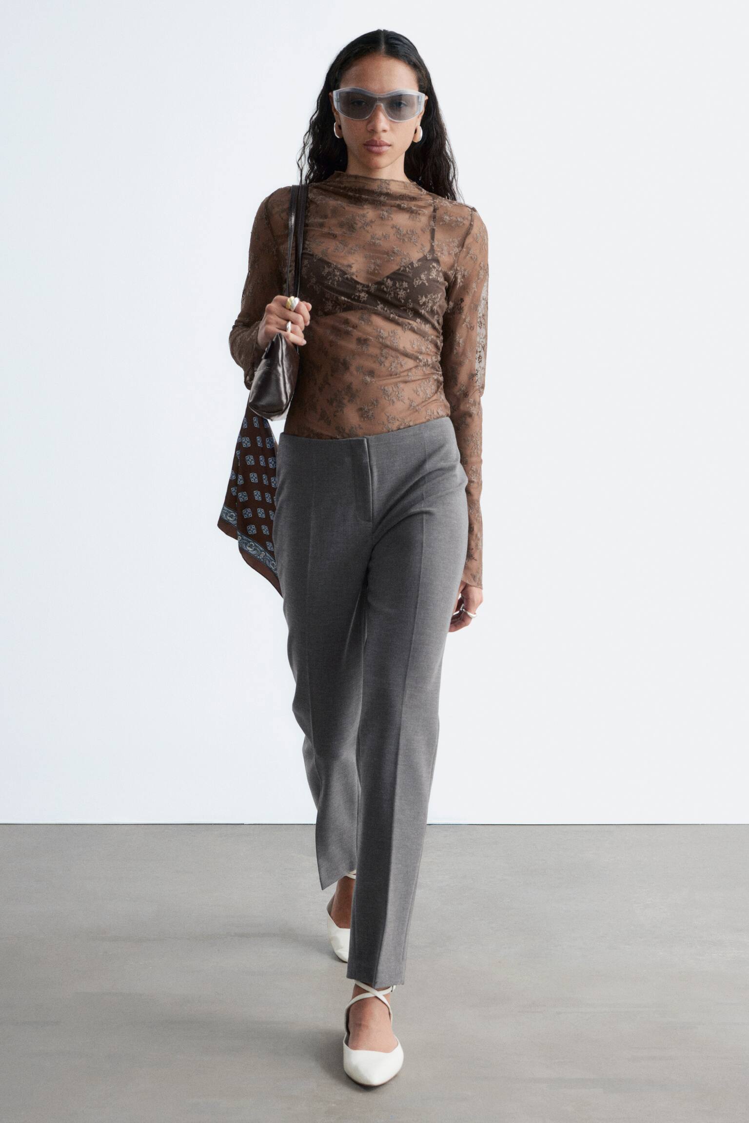 Haut en dentelle à manches longues - Dark Brown/Cream/Taupe clair - 4