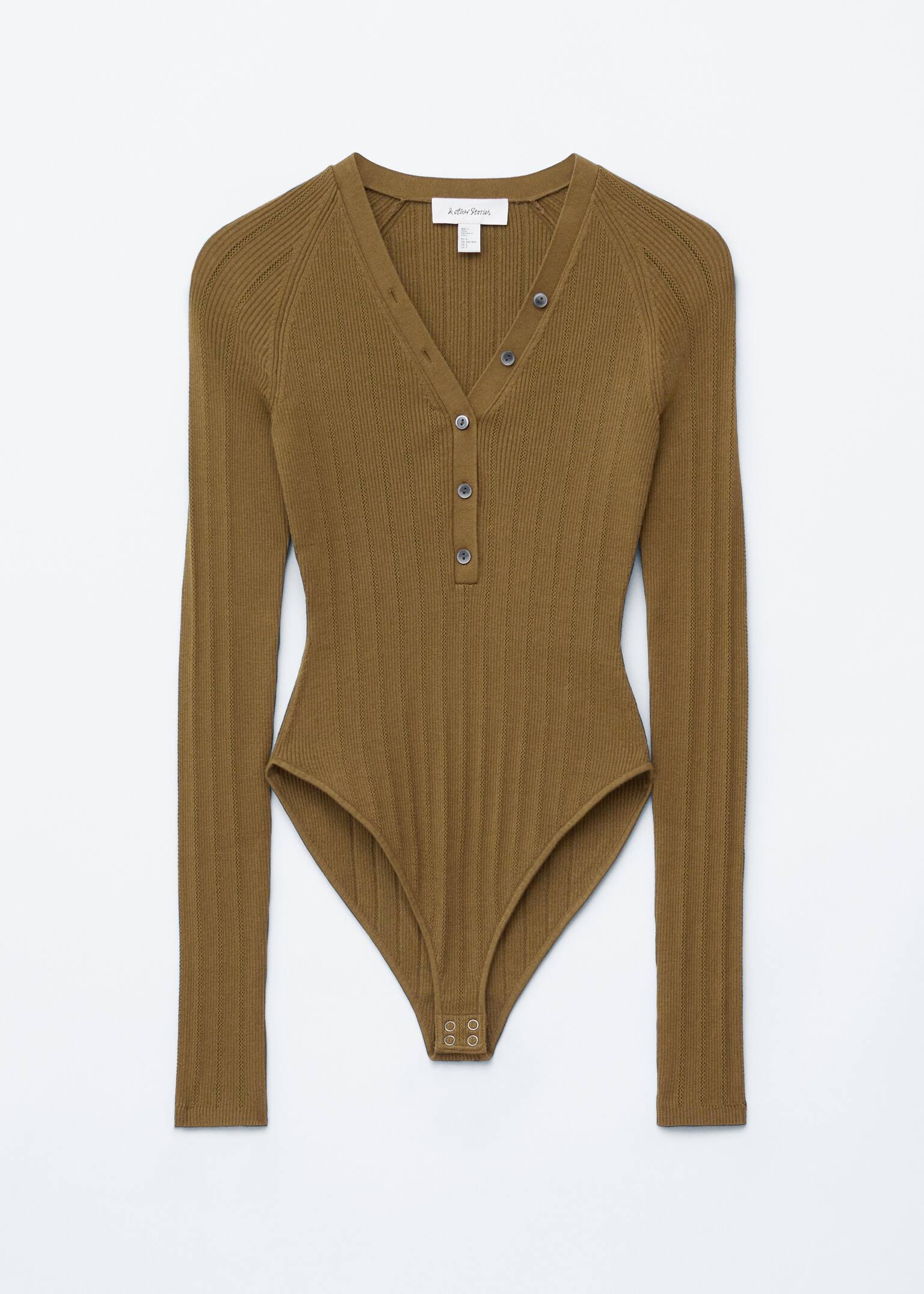 Long-Sleeve Rib-Knit Bodysuit - Olive Brown/Dark Brown/White - 2