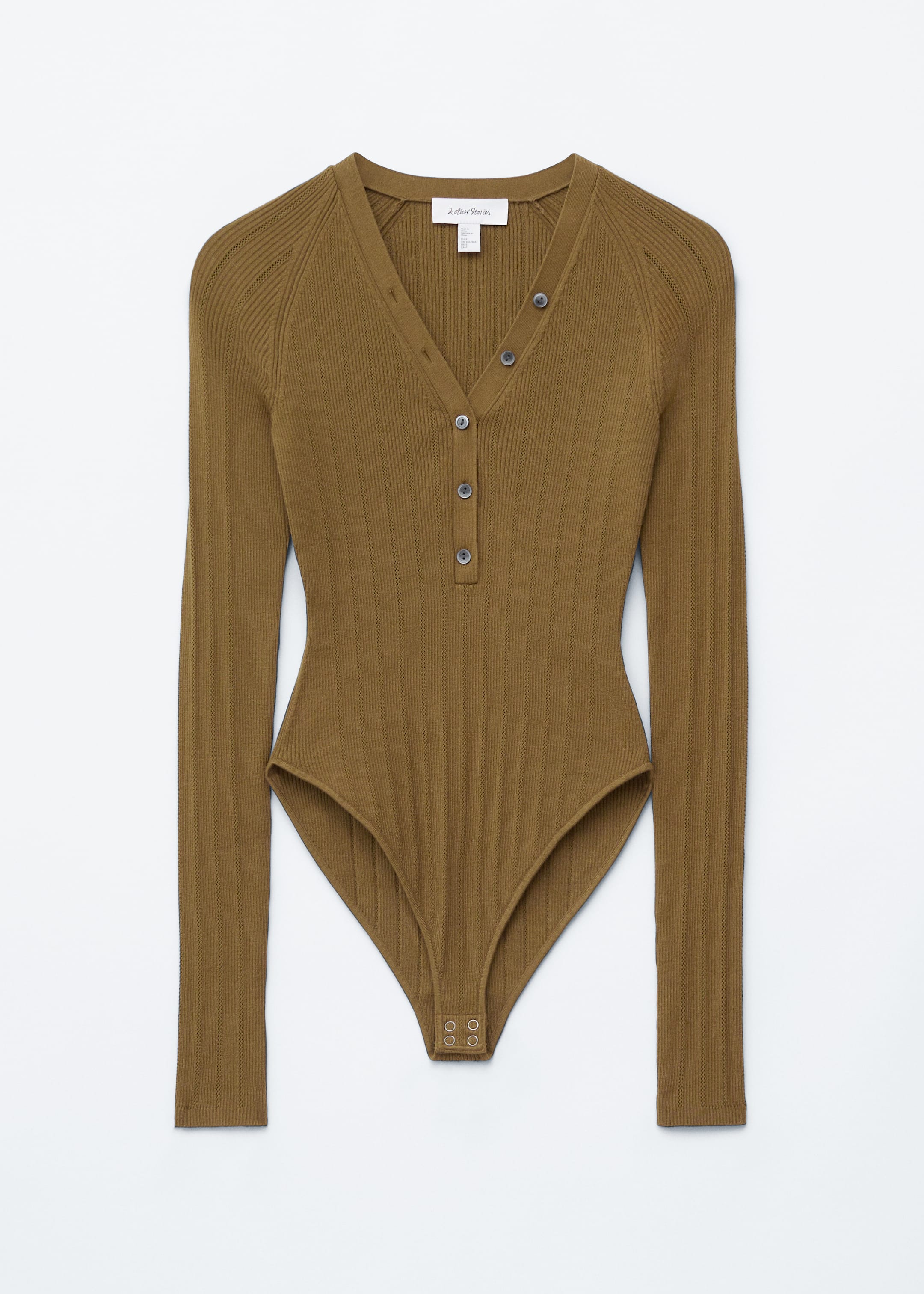 View larger image: An olive-brown, slim-fit rib-knit bodysuit is being displayed from the FRONT, featuring a V-neckline with a four-button placket, long raglan sleeves, and snap buttons at the gusset.