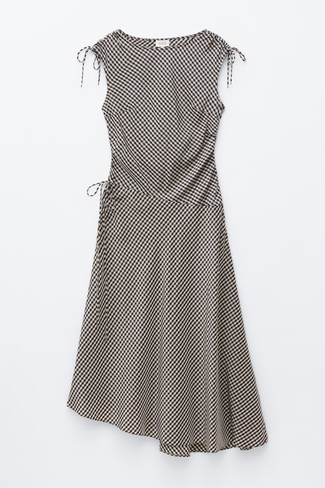 Asymmetric Draped Midi Dress - White/Dark Blue/Light Green/Gingham Checked - 1
