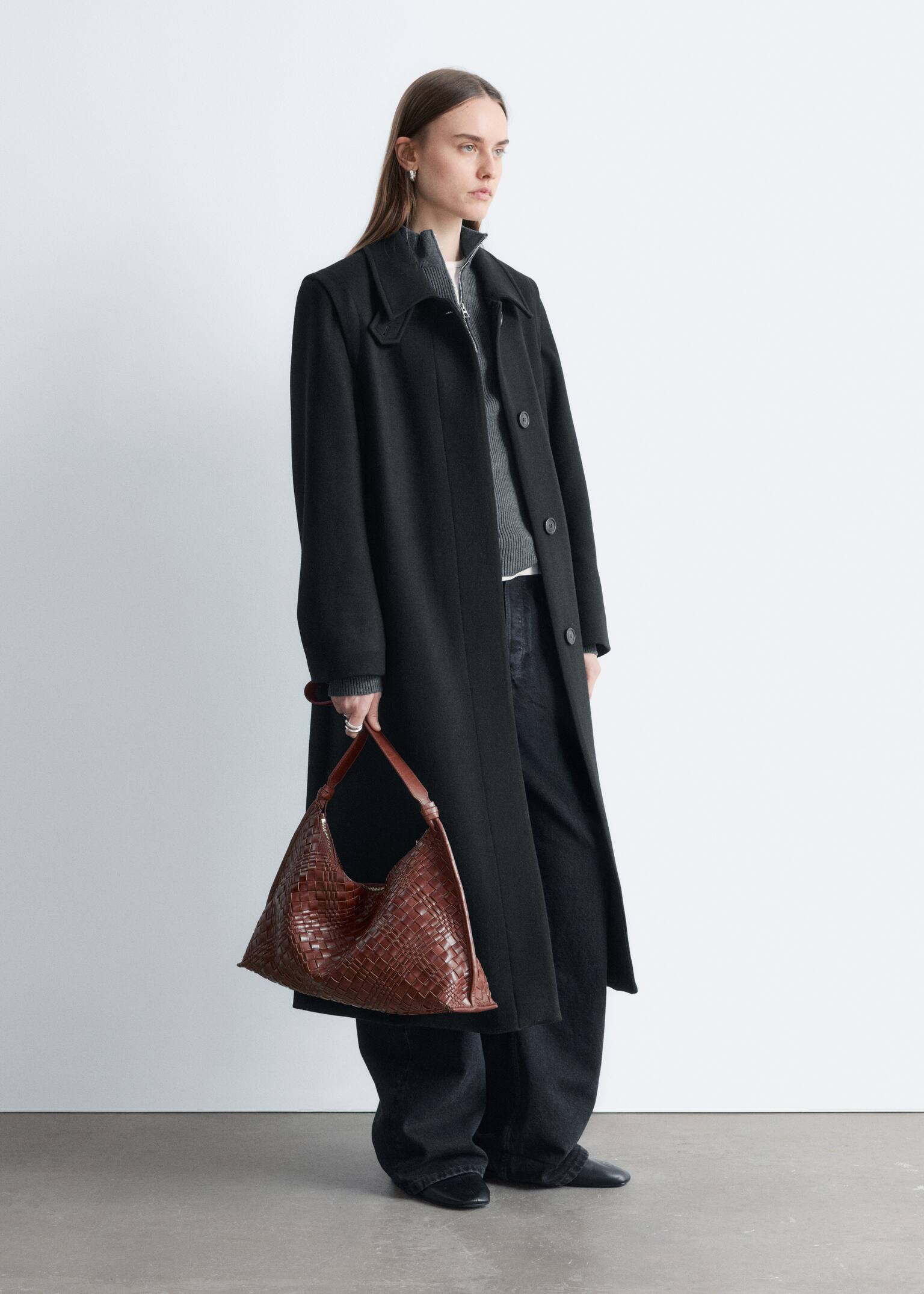 Długi wełniany płaszcz - Czarny/Ciemnoszary - 2